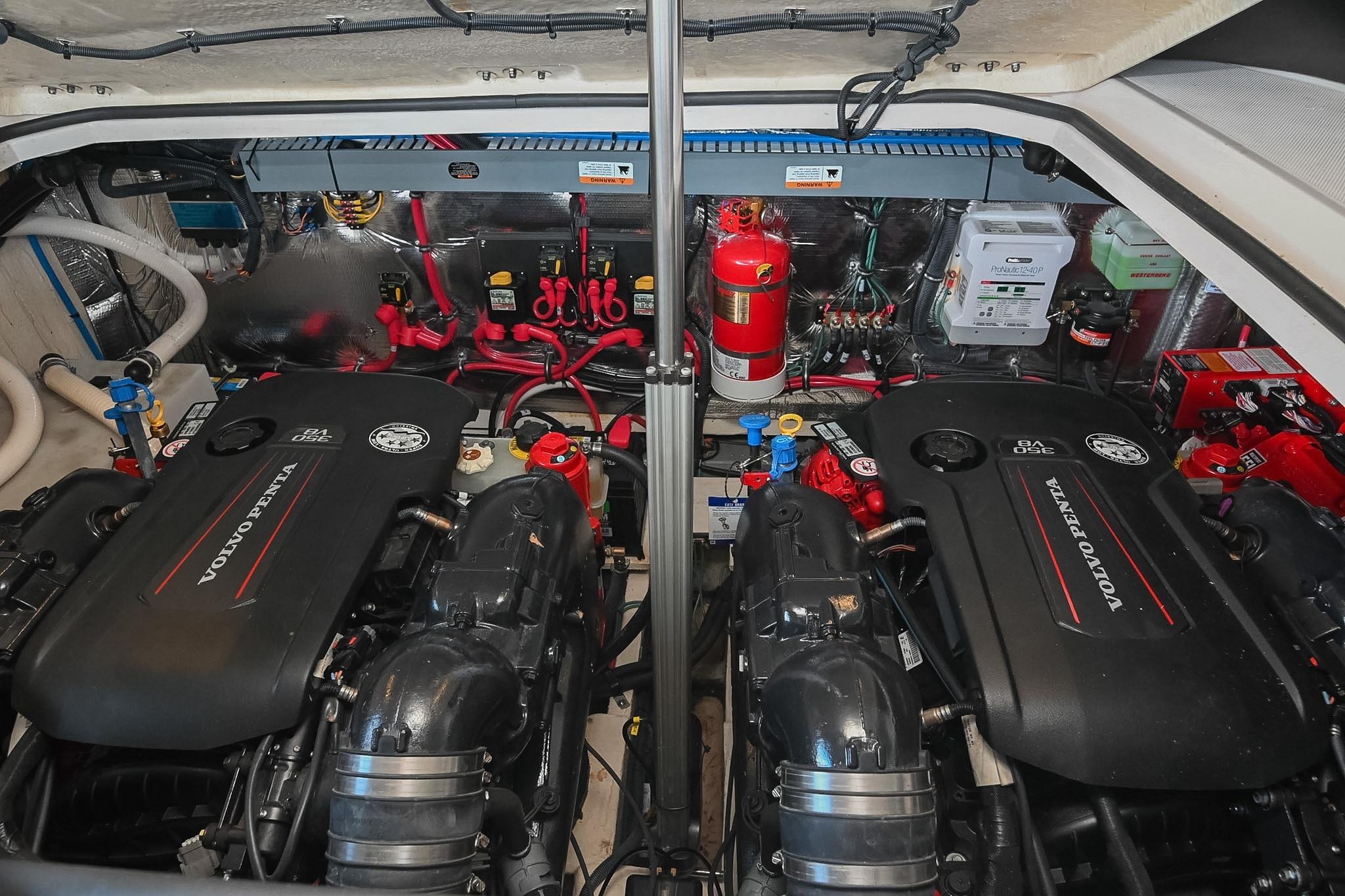 Engine room of a 2021 Regal 33 Express boat with Volvo Penta engines.