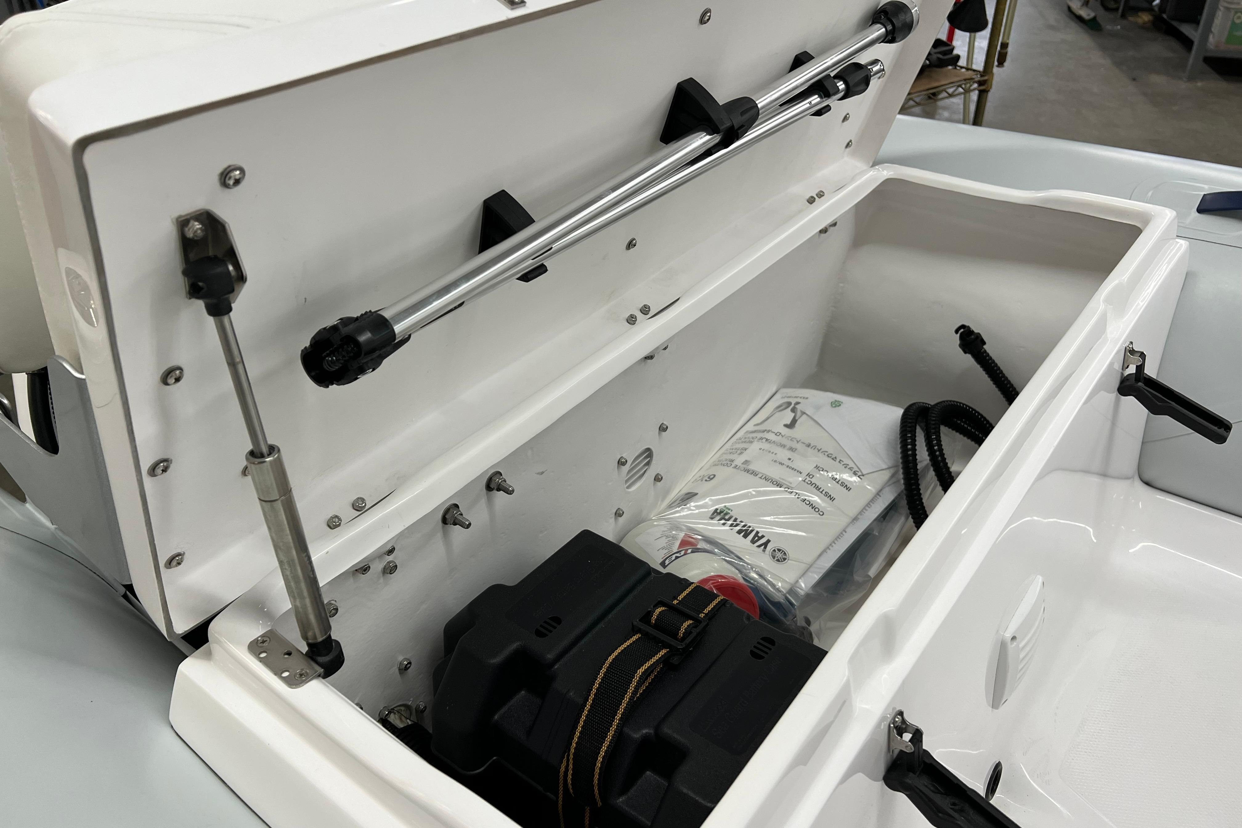 2023 AB Inflatables Mares 11 VSX storage compartment with equipment and accessories.