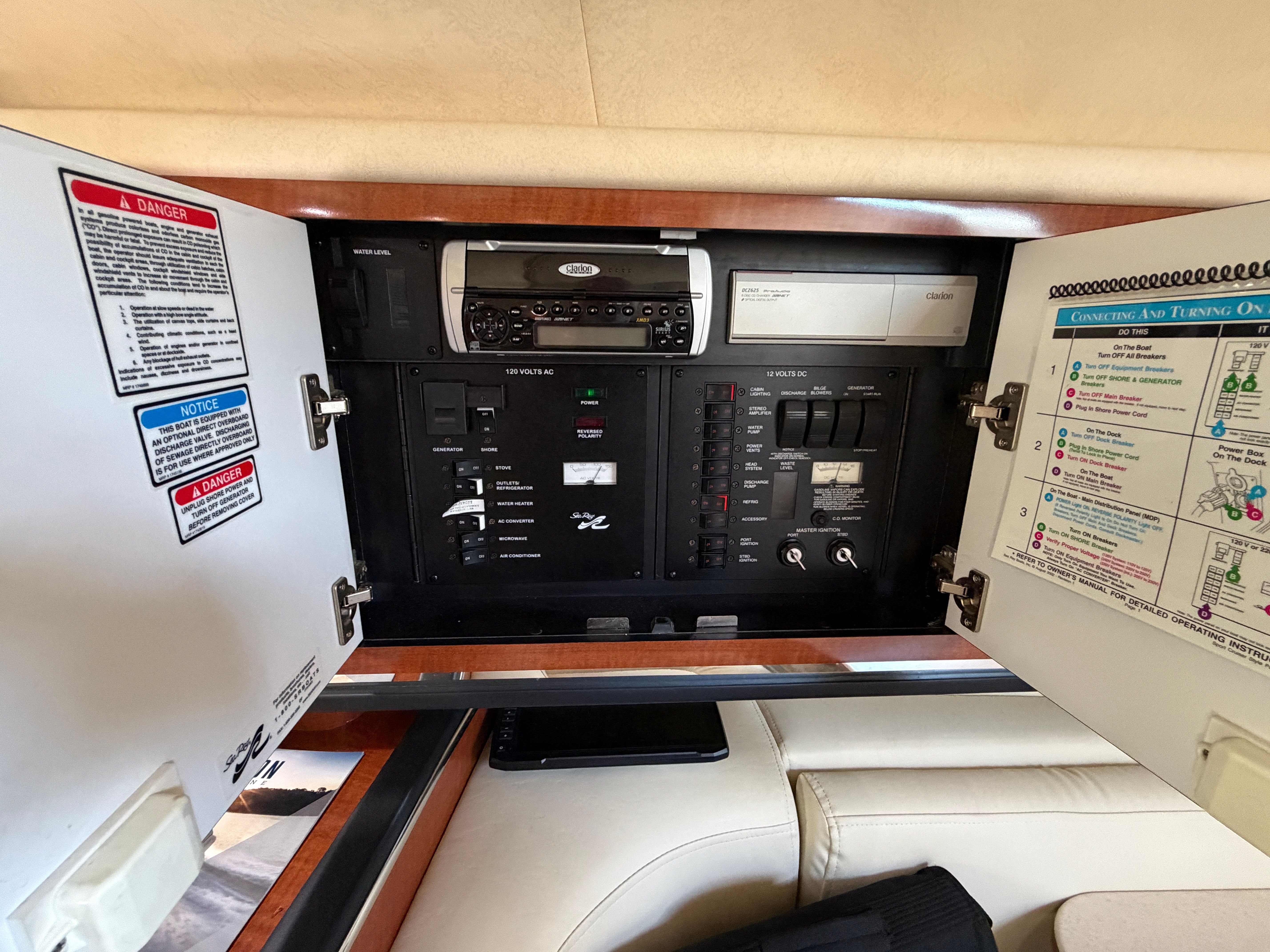 Electrical control panel of a 2005 Sea Ray 290 Amberjack yacht.