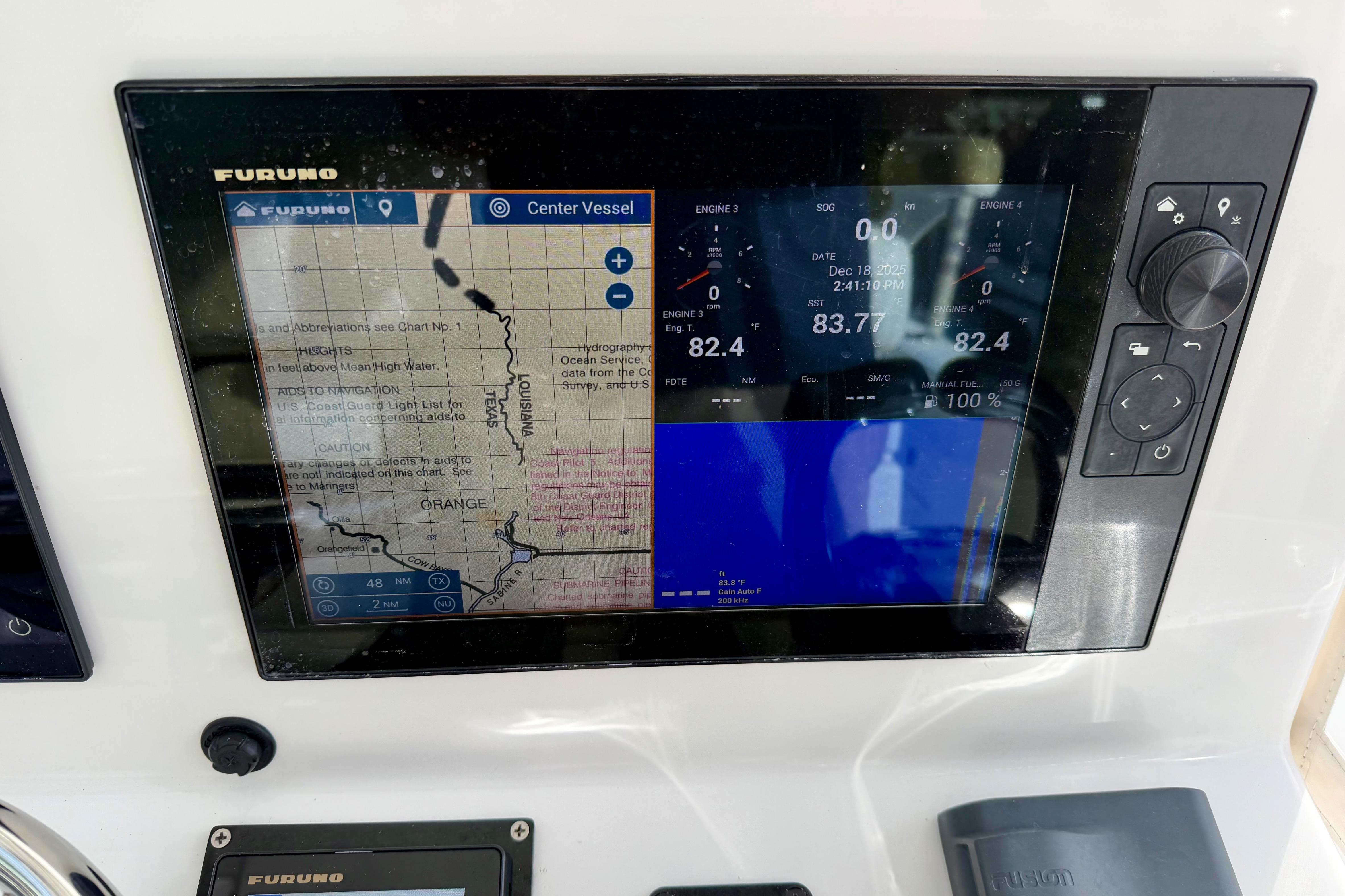 Furuno navigation display on 2025 Ocean Master 296 Center Console boat dashboard.