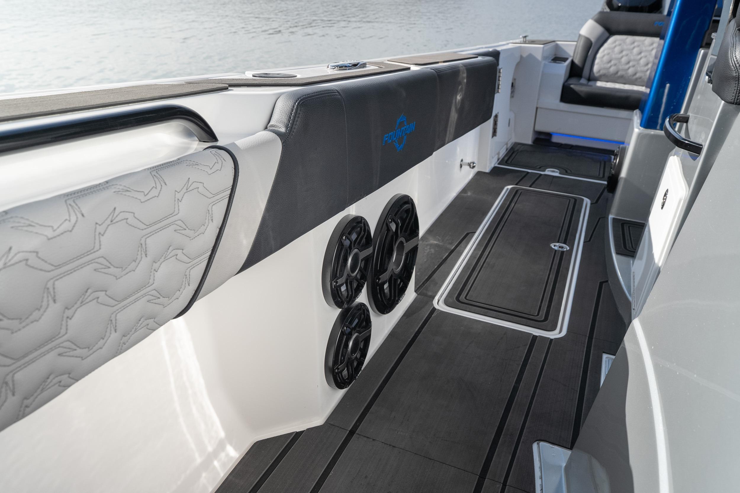 2025 Fountain 43 SCX boat interior with sleek seating and modern audio system.