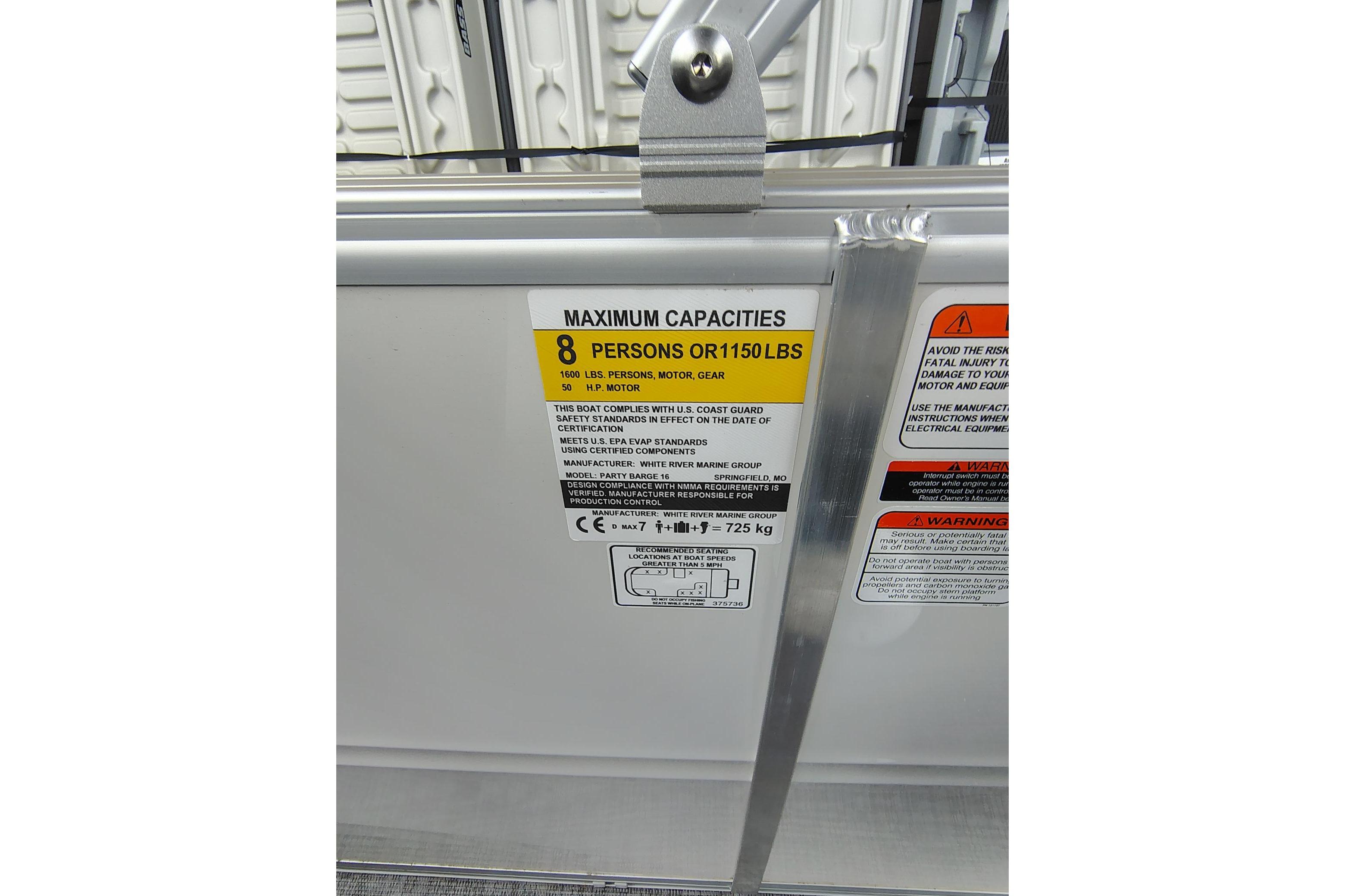 2026 Sun Tracker Party Barge 16 DLX capacity label, maximum 8 persons or 1150 lbs.