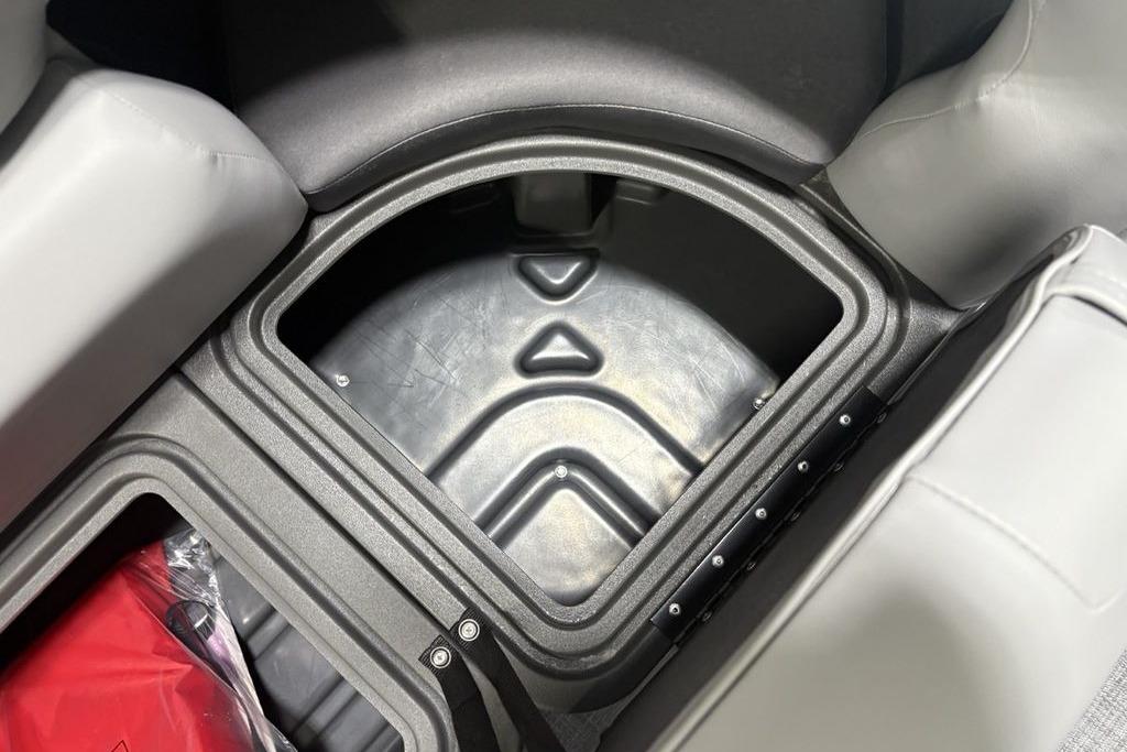 Storage compartment in 2026 Sun Tracker PARTY BARGE® 20 DLX pontoon boat.
