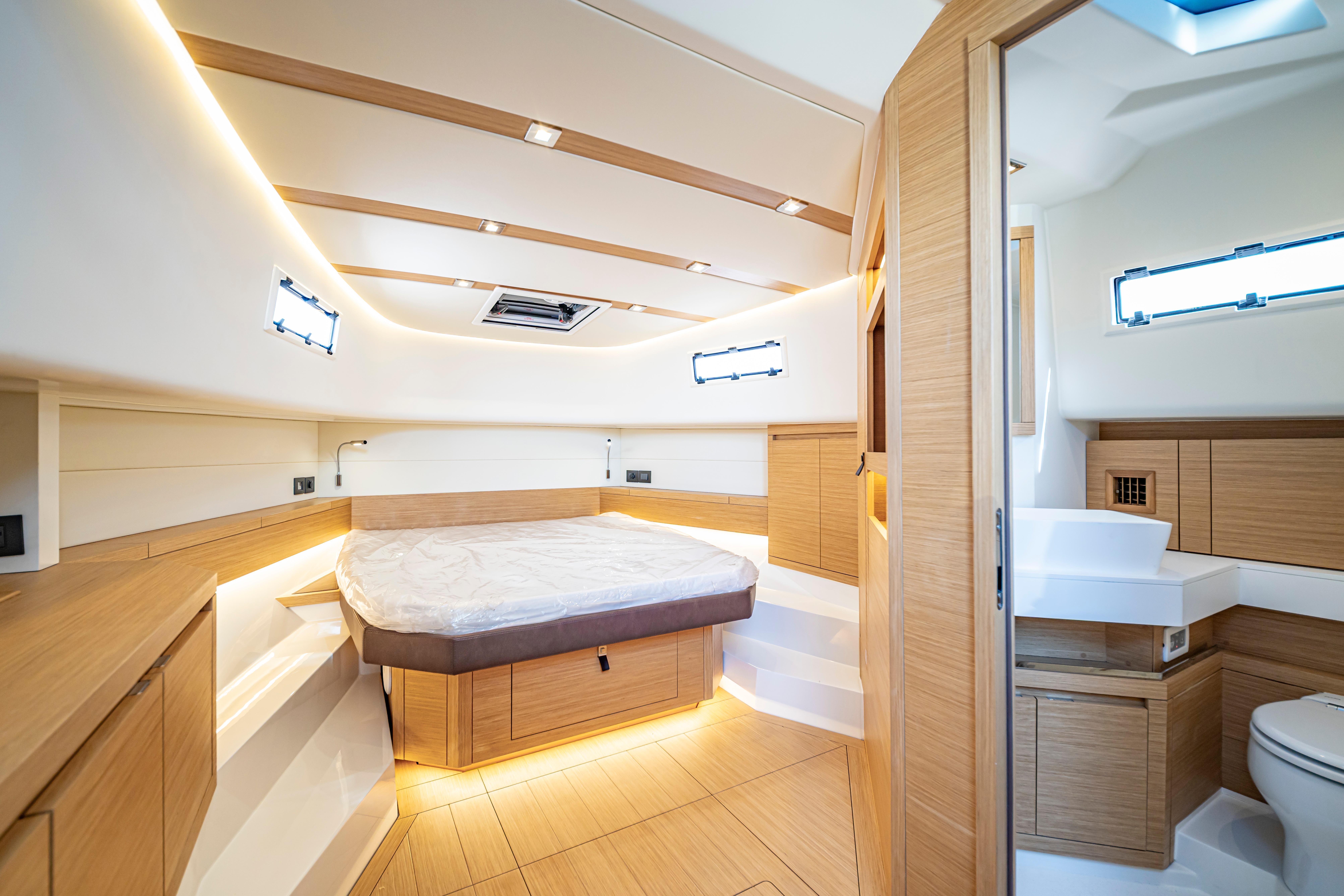 Luxurious interior of 2024 Pardo Yachts P43, featuring modern wood finishes and elegant design.