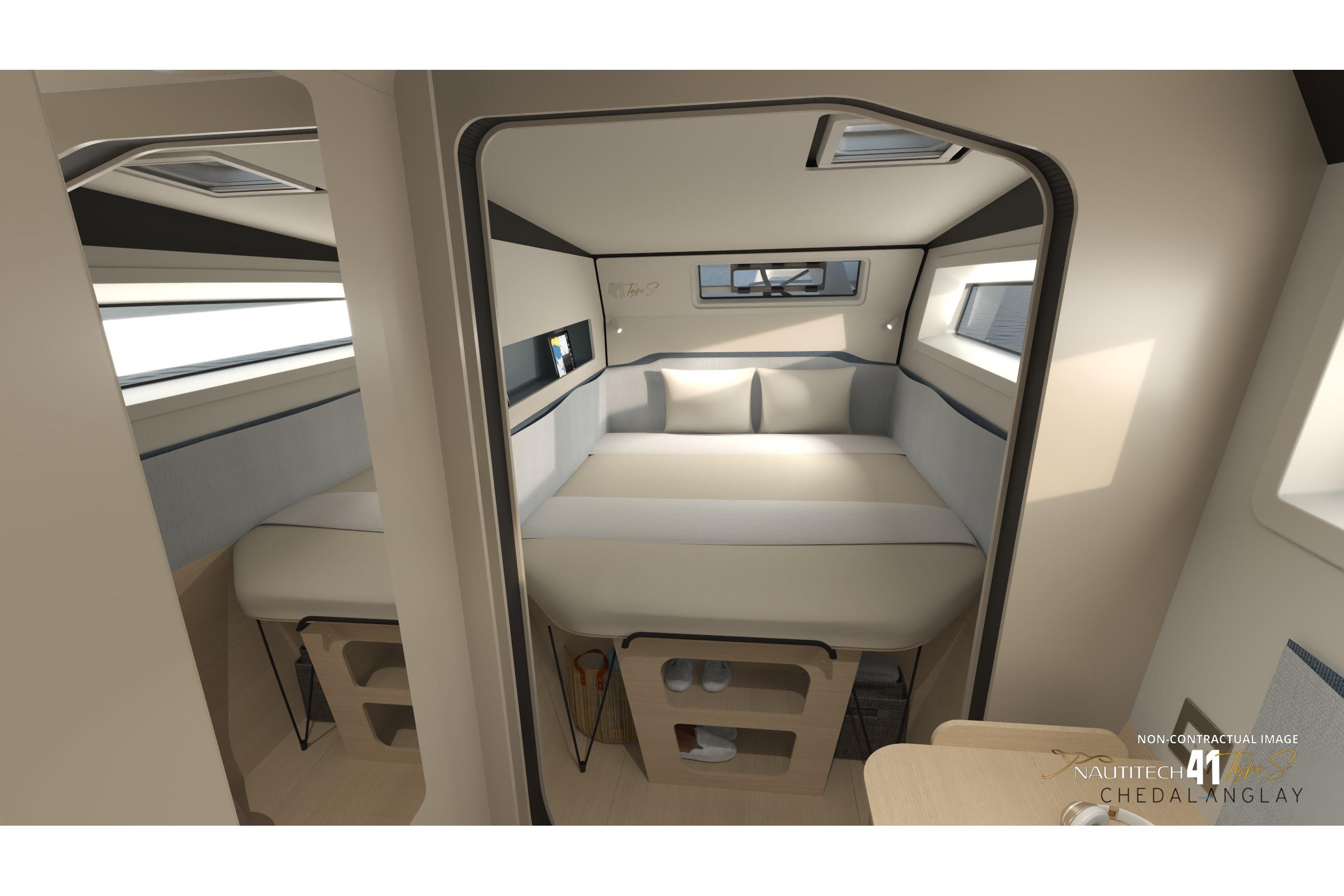 Interior of Nautitech 41 Type S 2026, modern bedroom design.