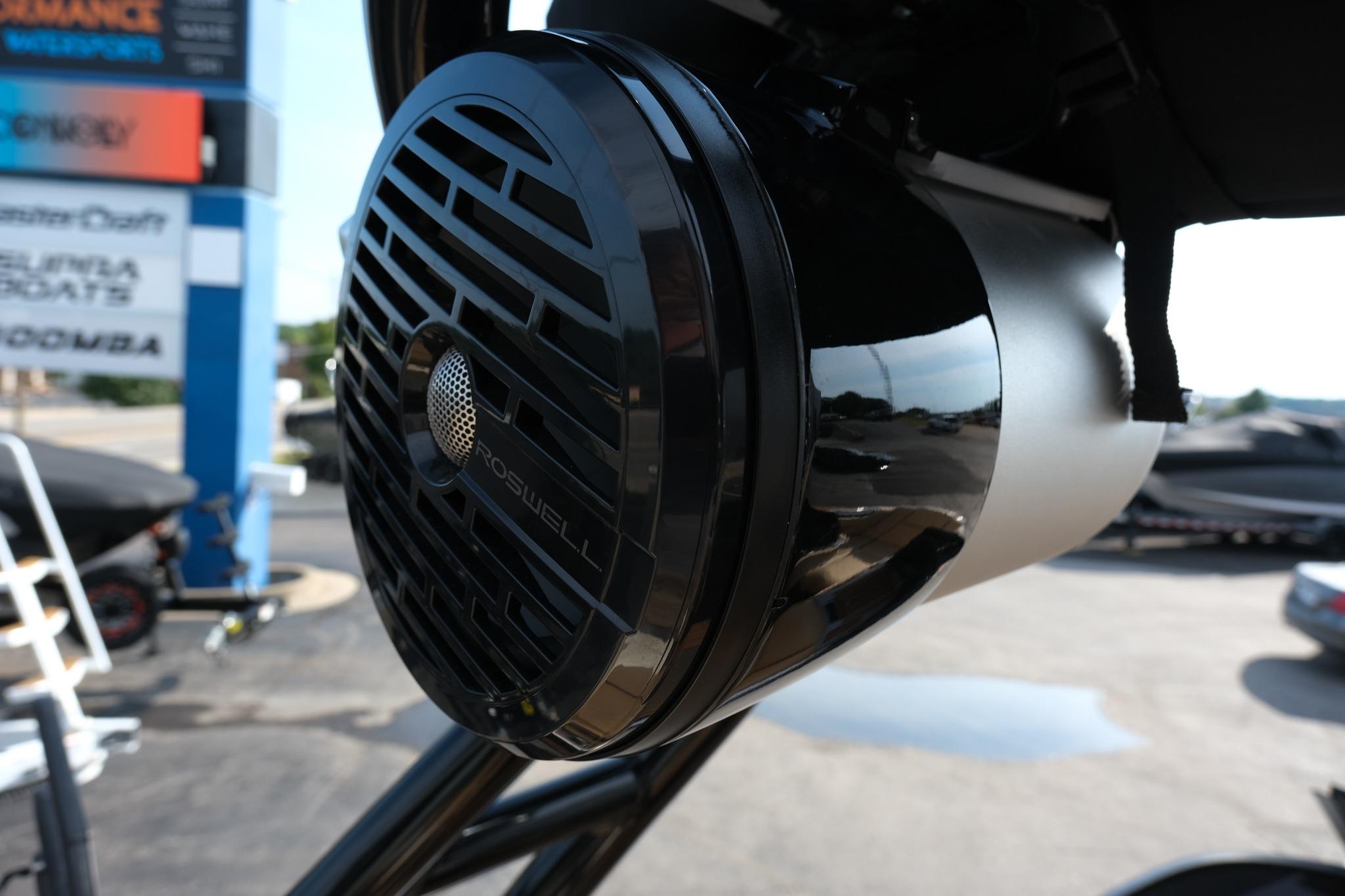 Close-up of a Roswell speaker on a 2023 Moomba Mondo boat, outdoor setting.