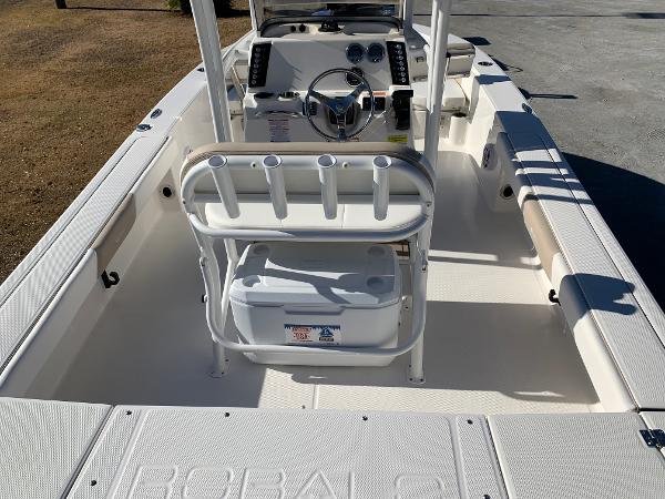 2024 Robalo 226 Cayman boat interior with steering console and seating.