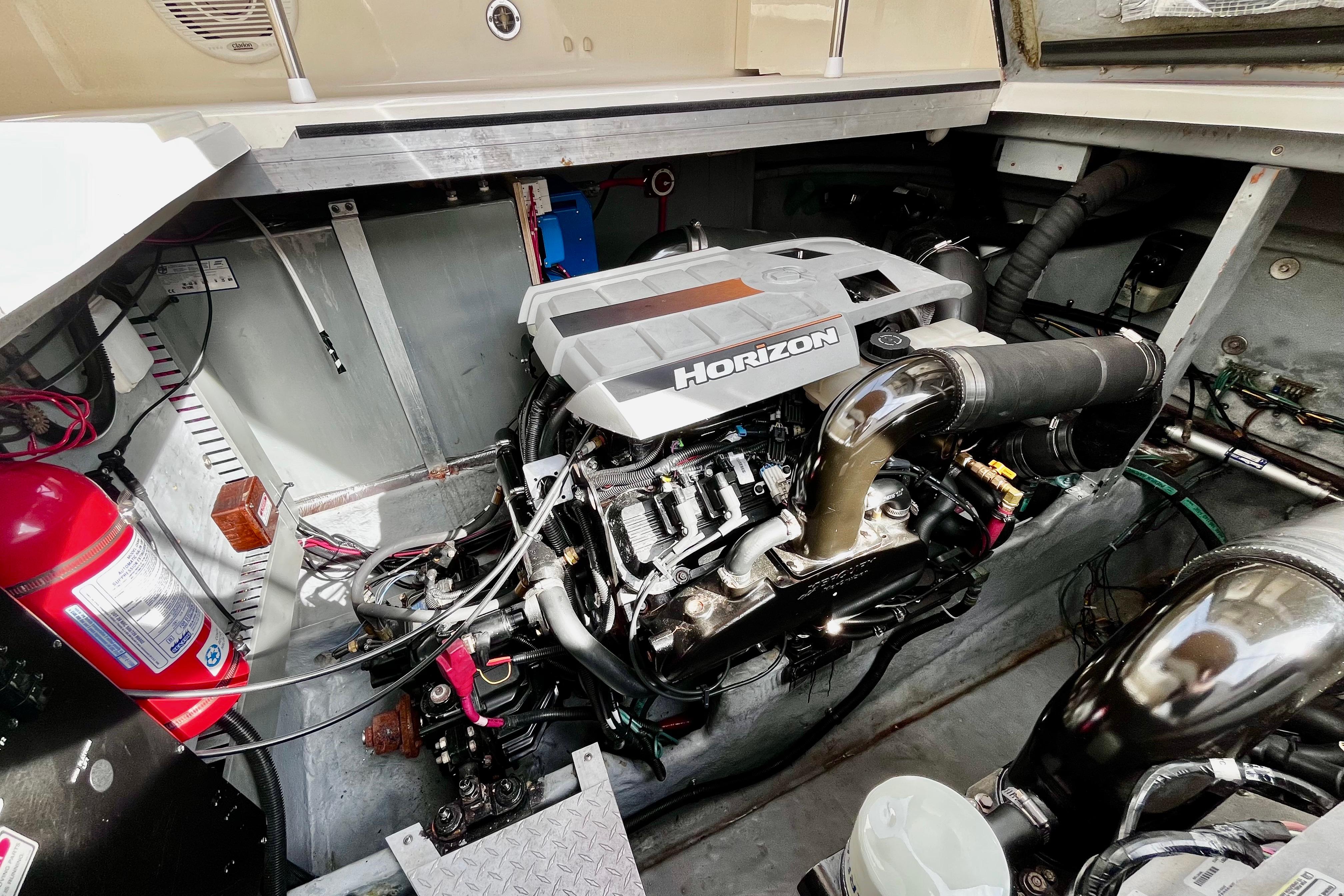 Engine compartment of a 2000 Sea Ray 380 Sundancer with Horizon engine.