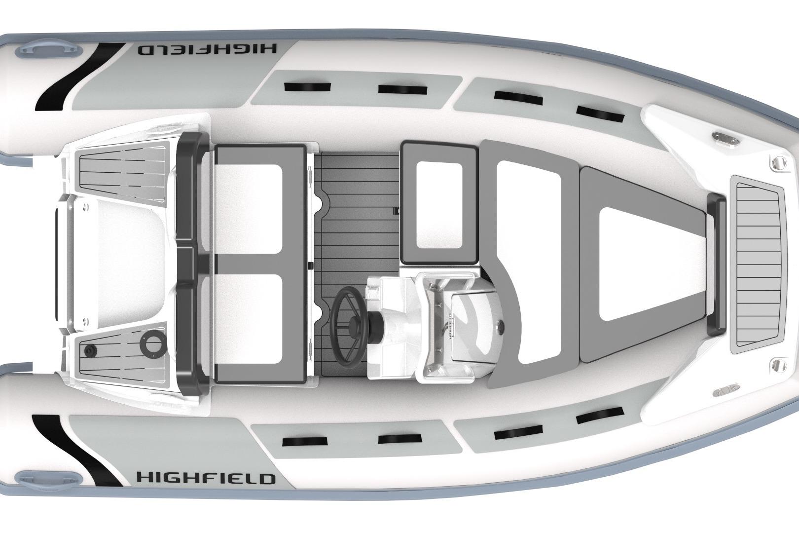 2026 Highfield Sport 360 boat, top view, showcasing sleek design and spacious layout.
