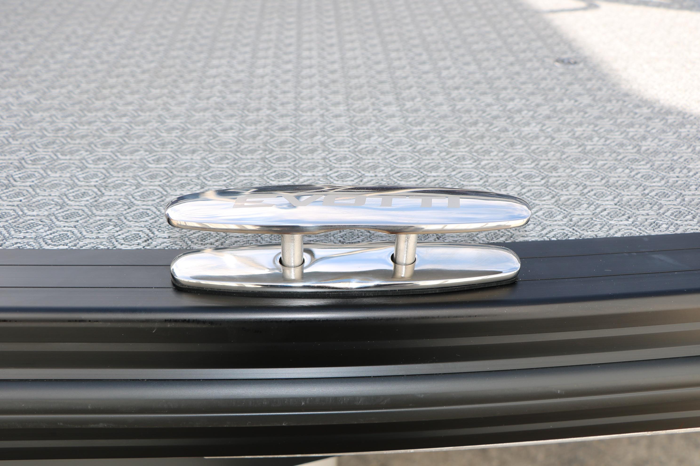 Chrome cleat on 2026 Evotti 725 CS Tri-Toon boat deck.