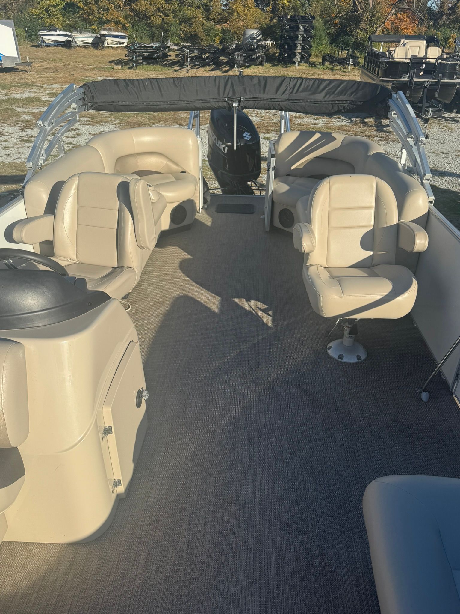 Interior of a 2024 Landau 252 Island Breeze pontoon boat.