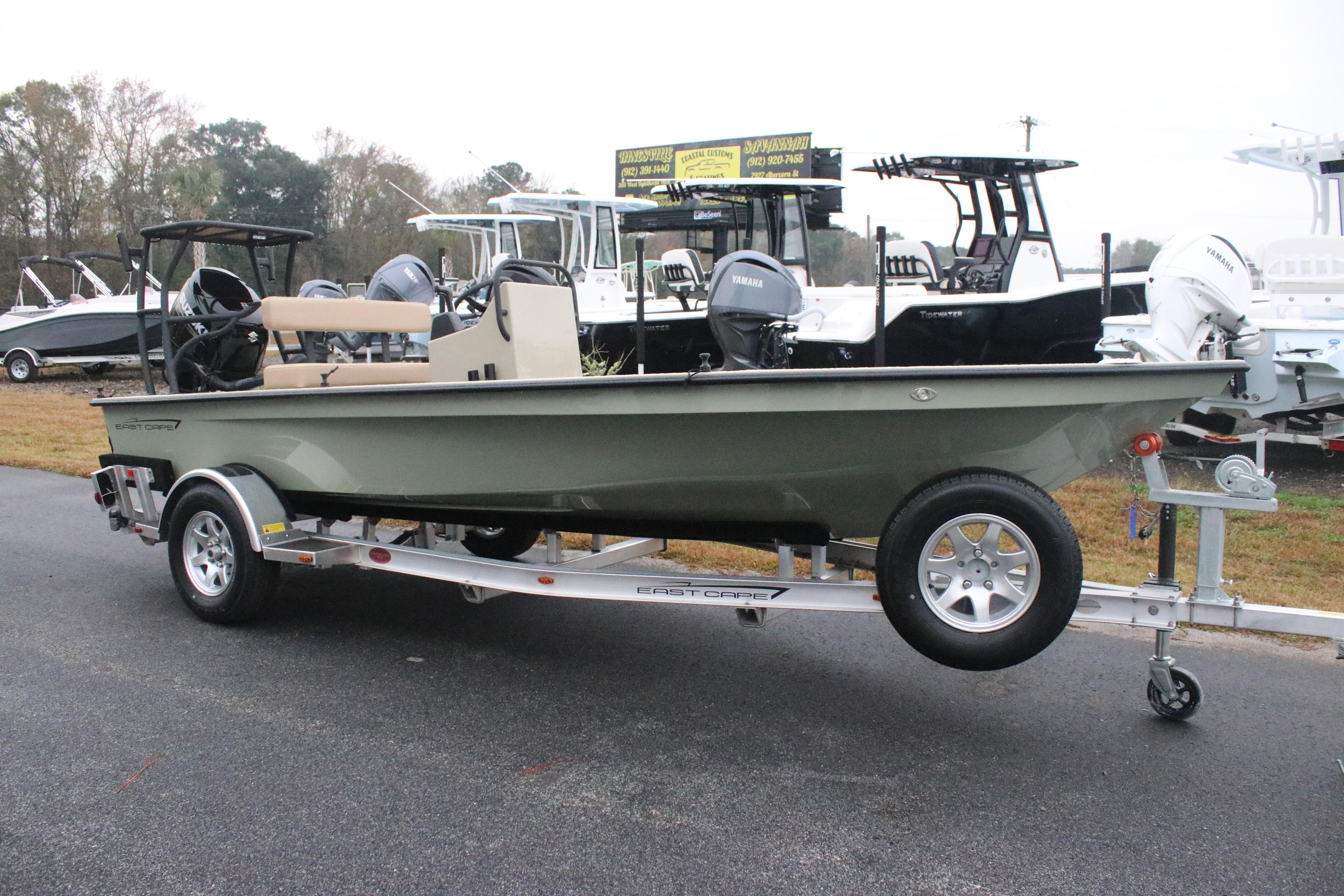 2026 East Cape EVO 18V boat on trailer, displayed outdoors.