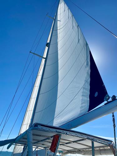 Sailing yacht Concordia 52, 1989 model, with full sails against a clear blue sky.