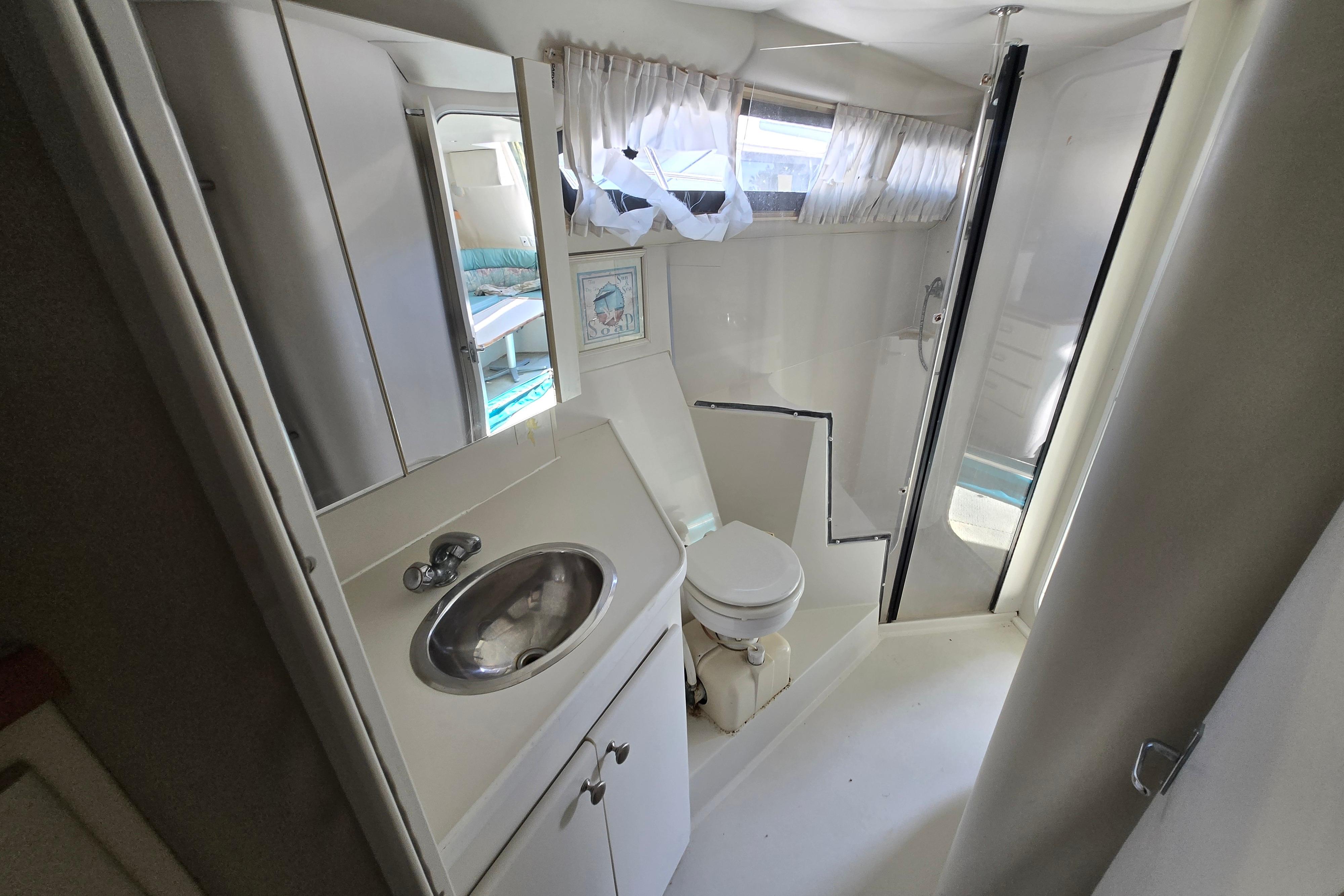Bathroom interior of 1994 Carver 380 Santego yacht, featuring sink, toilet, and shower.