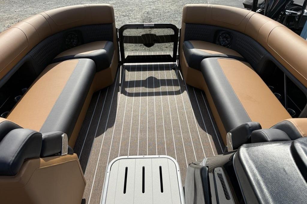 Luxurious interior of 2026 Premier 250 Solaris RS CL pontoon boat with stylish seating.