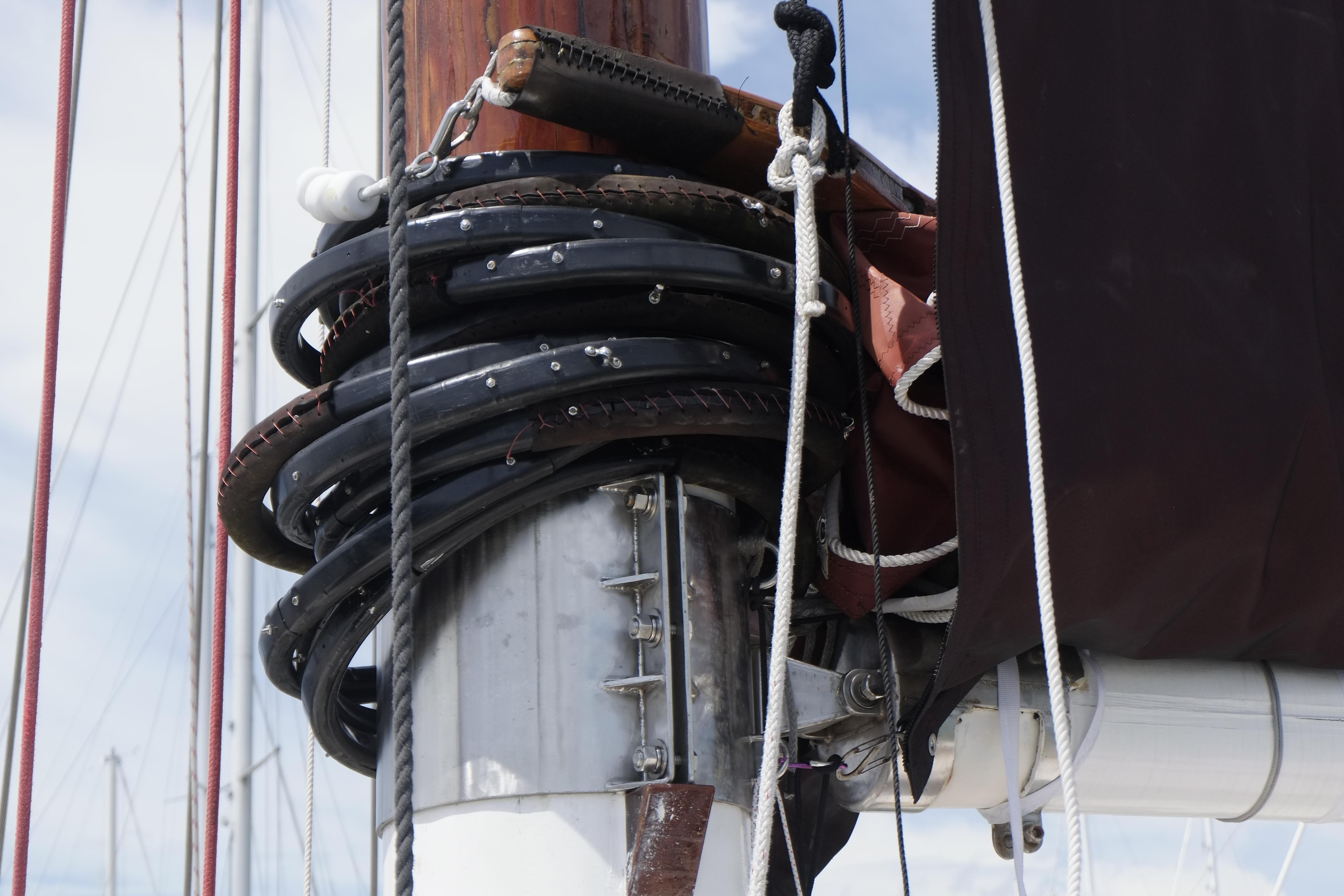 Close-up of rigging on a 2006 Custom Bud Macintosh schooner mast.