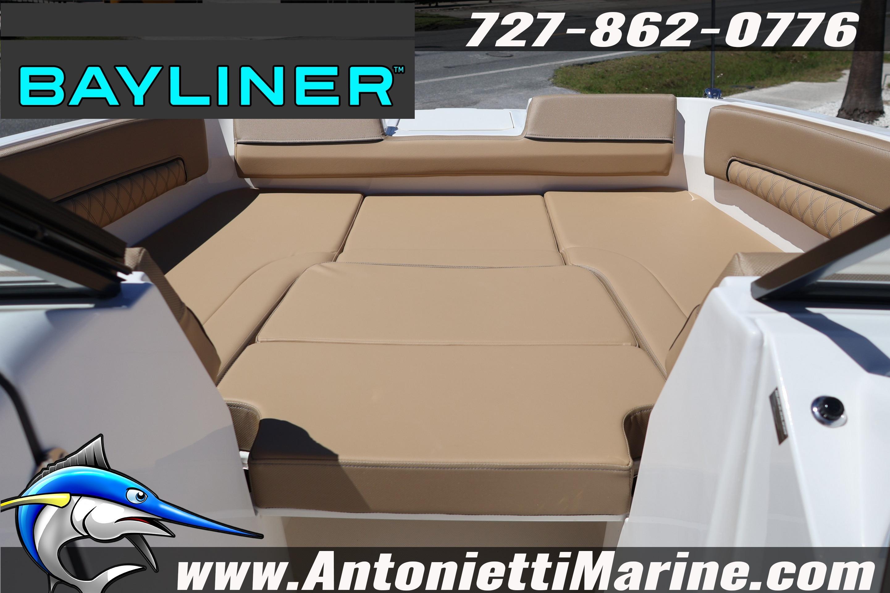 2026 Bayliner D22 boat interior with tan seating, Antonietti Marine branding.