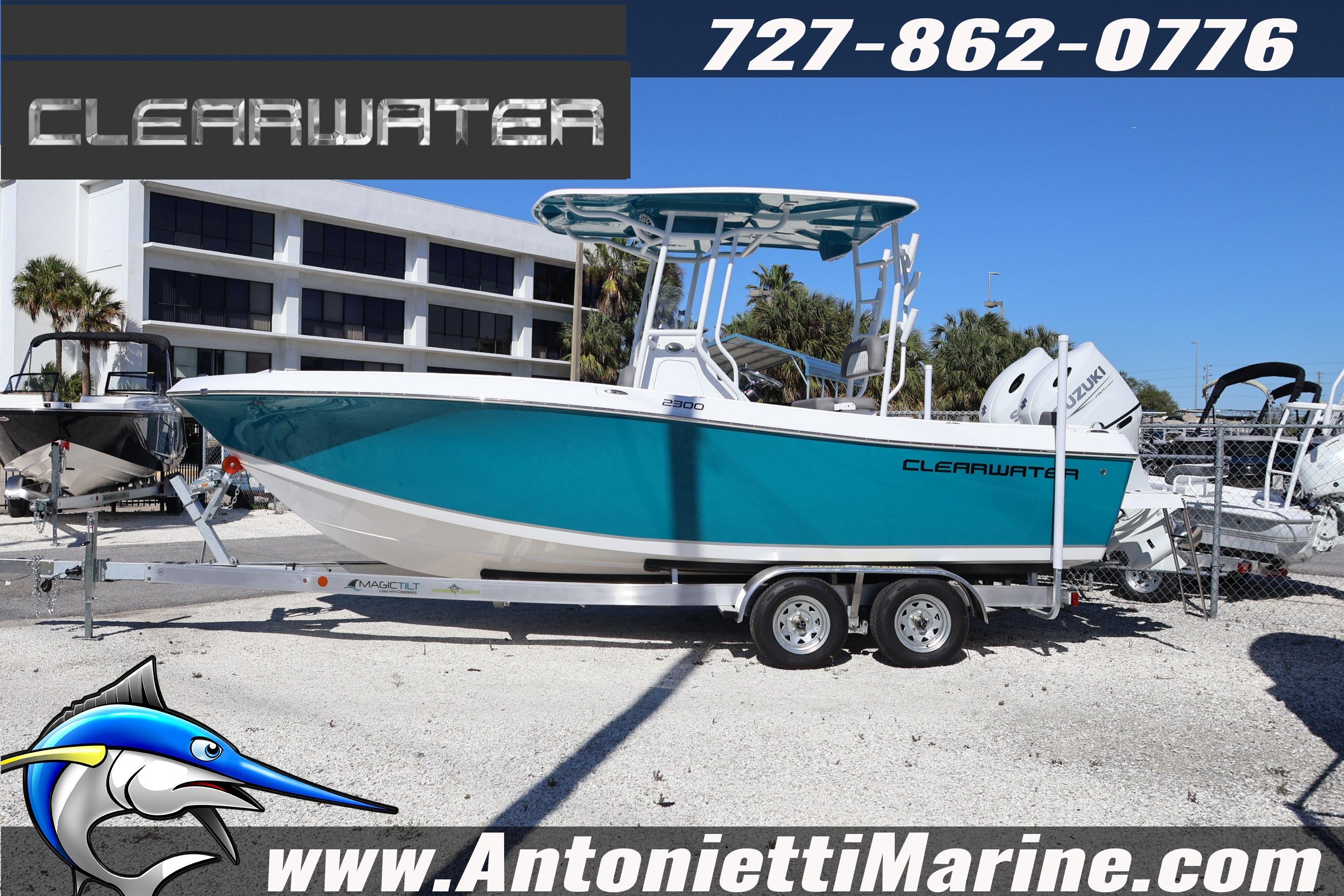 2026 Clearwater 2300 boat on trailer at Antonietti Marine dealership.