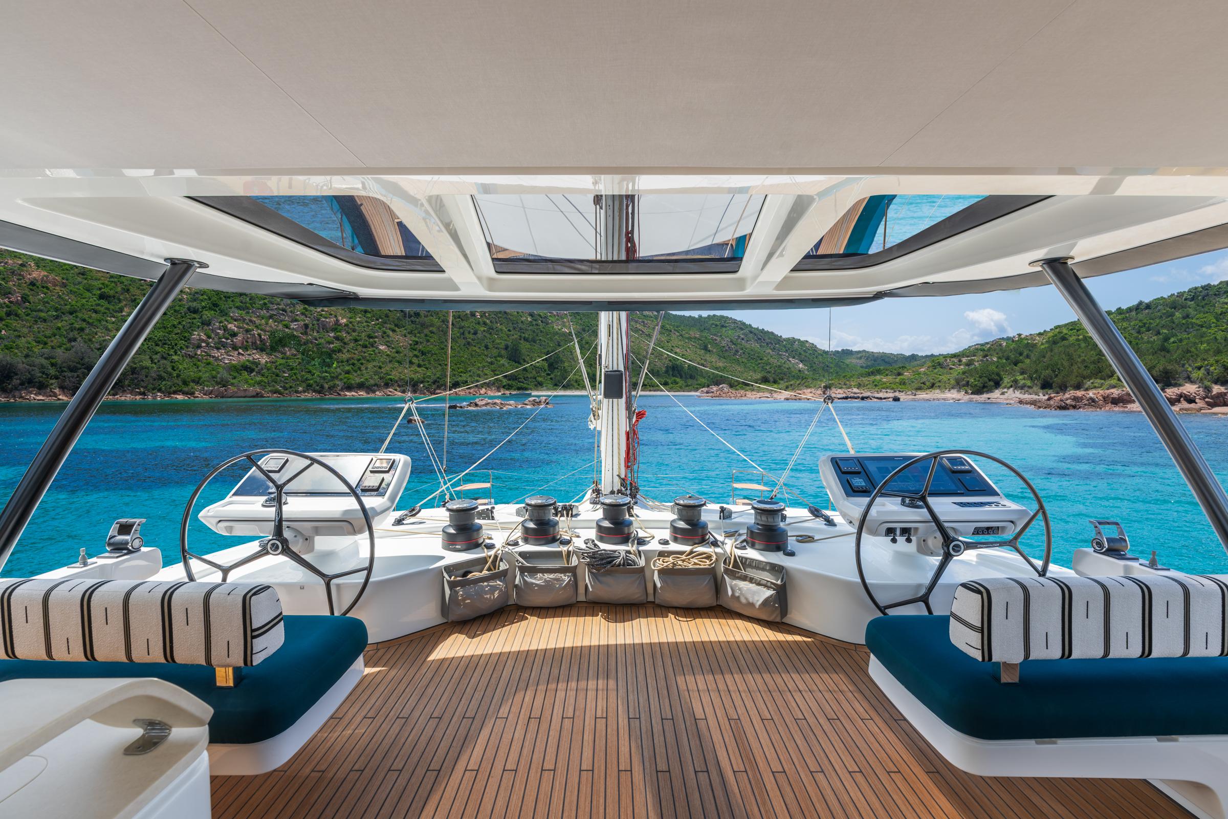 Luxurious Lagoon Eighty 2 yacht interior with stunning ocean view, 2025 model.