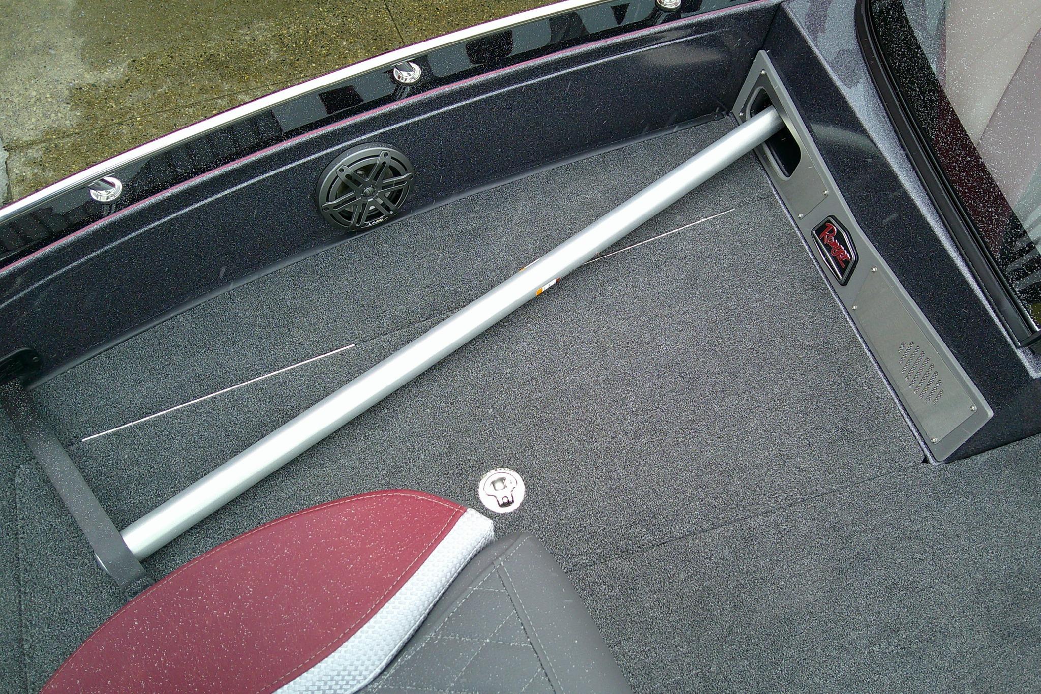 2026 Ranger 620xFS Pro boat interior with speaker and carpeted floor.