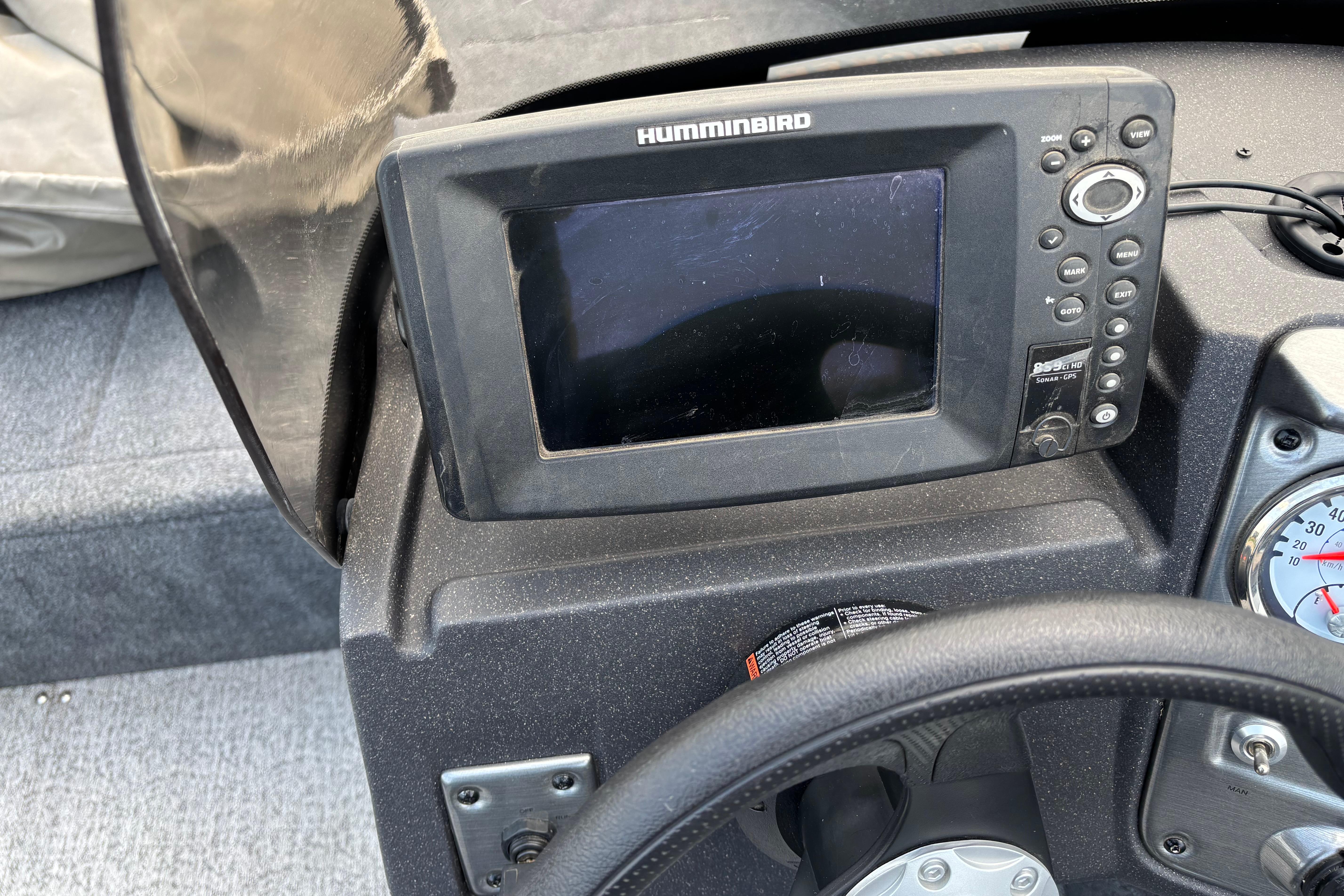Humminbird sonar GPS on 2021 Tracker Pro Guide V-16 WT boat dashboard.