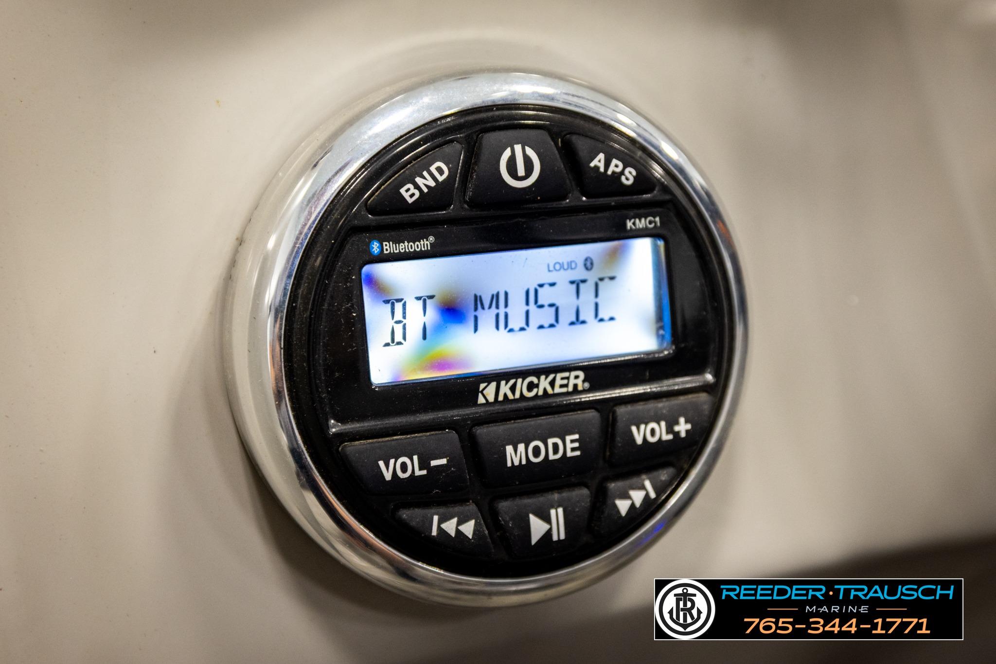 Close-up of Kicker Bluetooth stereo system in 2019 Manitou Oasis SR VP boat.