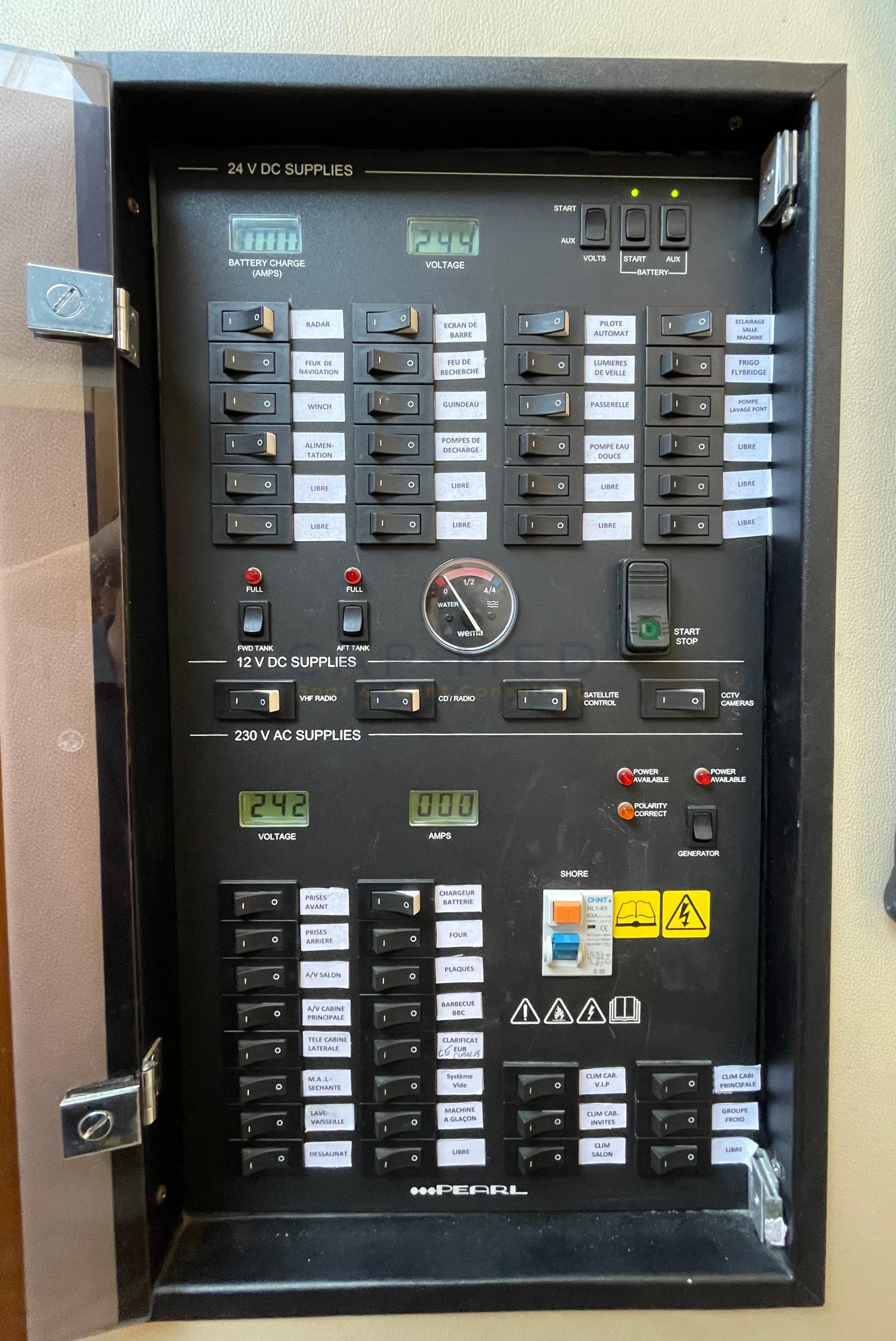 Electrical control panel with switches and meters, Pearl 60 model, 2006.