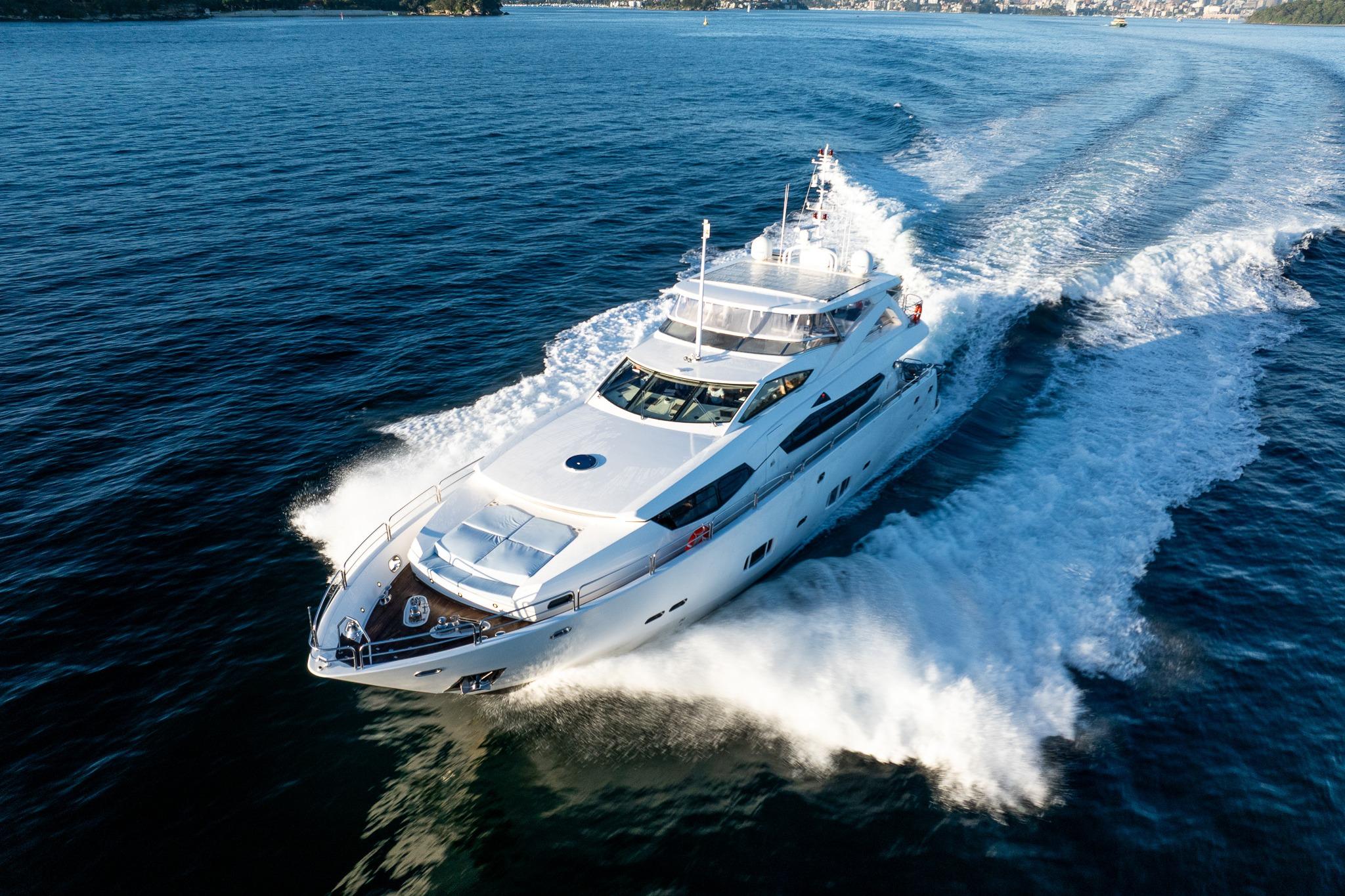 Luxurious 2010 Sunseeker 30M yacht cruising on open water, showcasing sleek design and elegance.