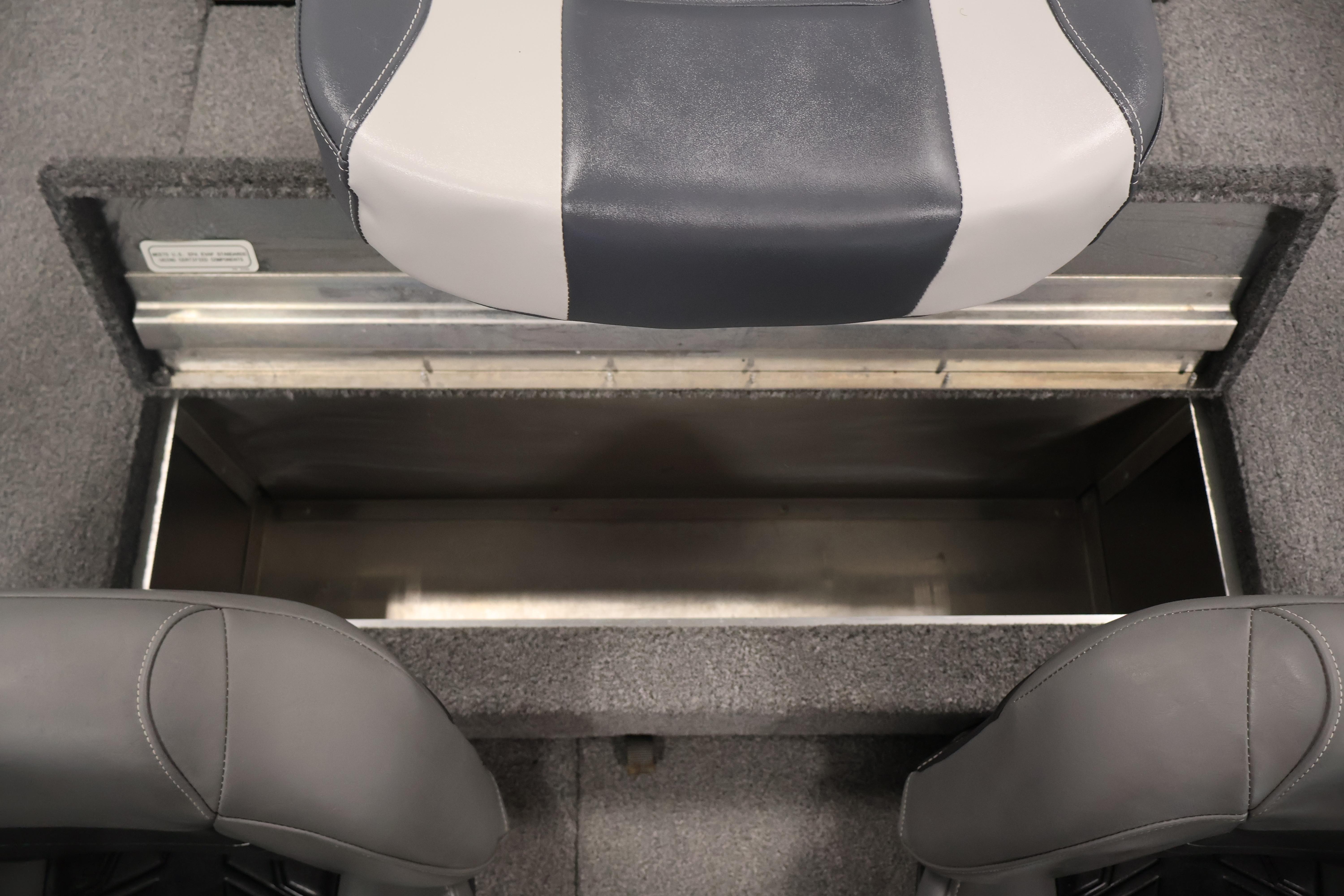 2024 Tracker Pro 170 boat interior storage compartment with gray seating.