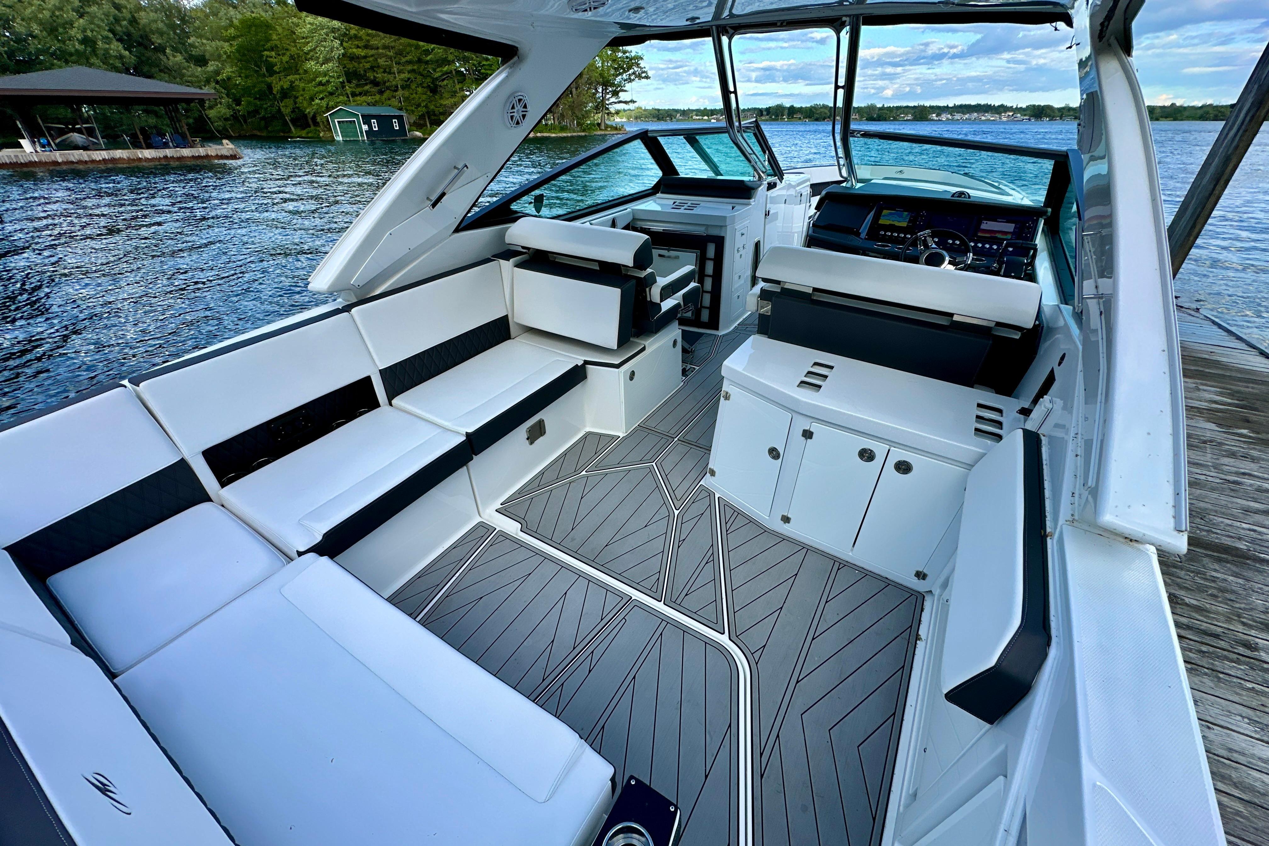 2022 Monterey 378SS Super Sport boat interior with sleek seating and modern dashboard.