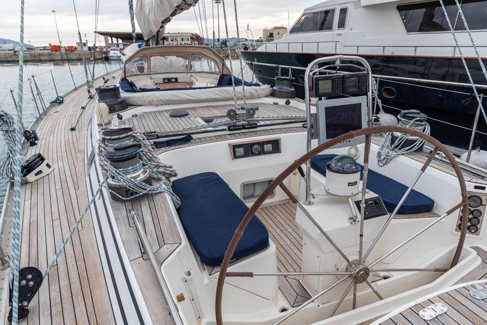 Cockpit of 1992 Nautor Swan 68 yacht with wooden deck and navigation equipment.