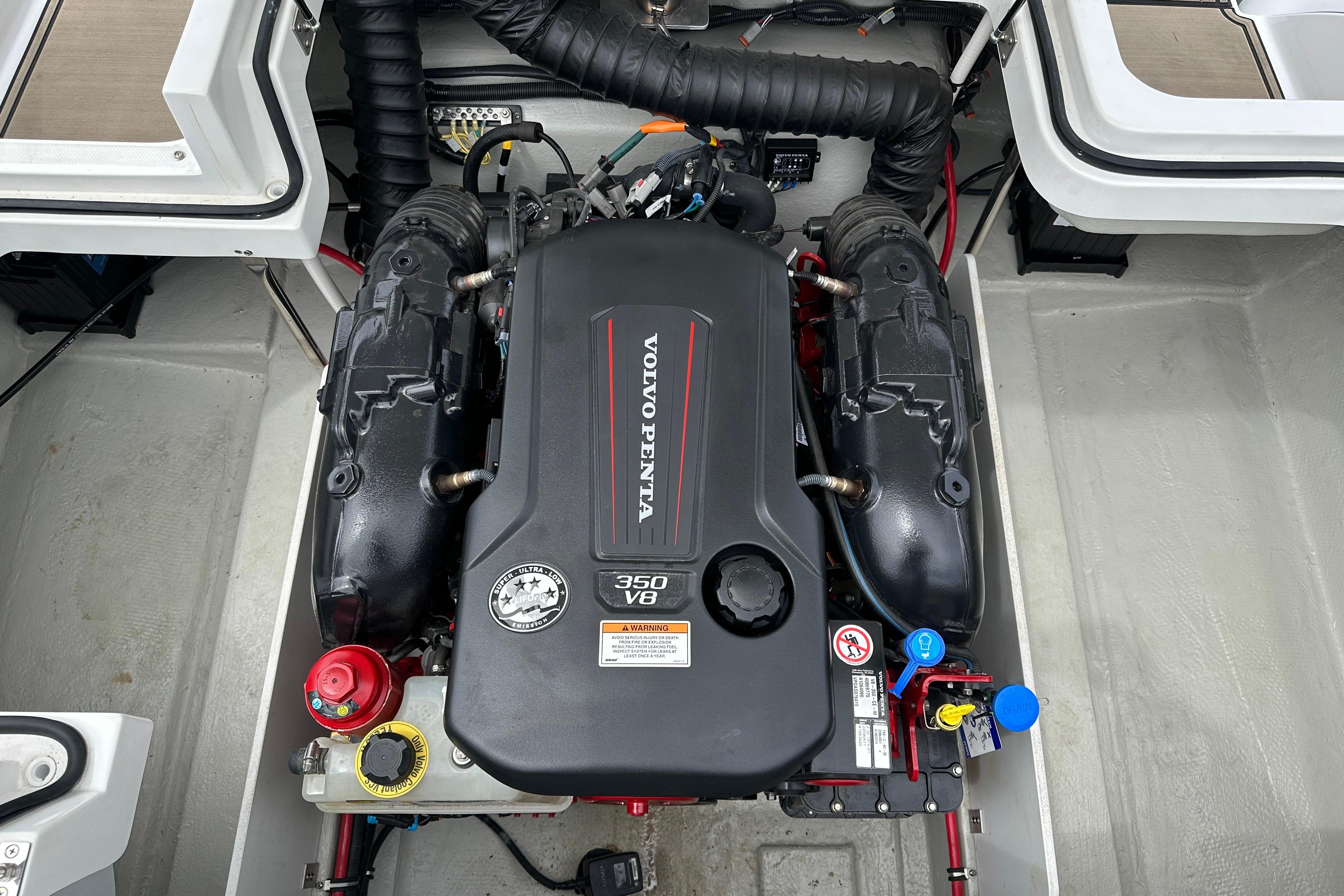 Volvo Penta 350 V8 engine in 2019 Cobalt R5 boat, detailed view.