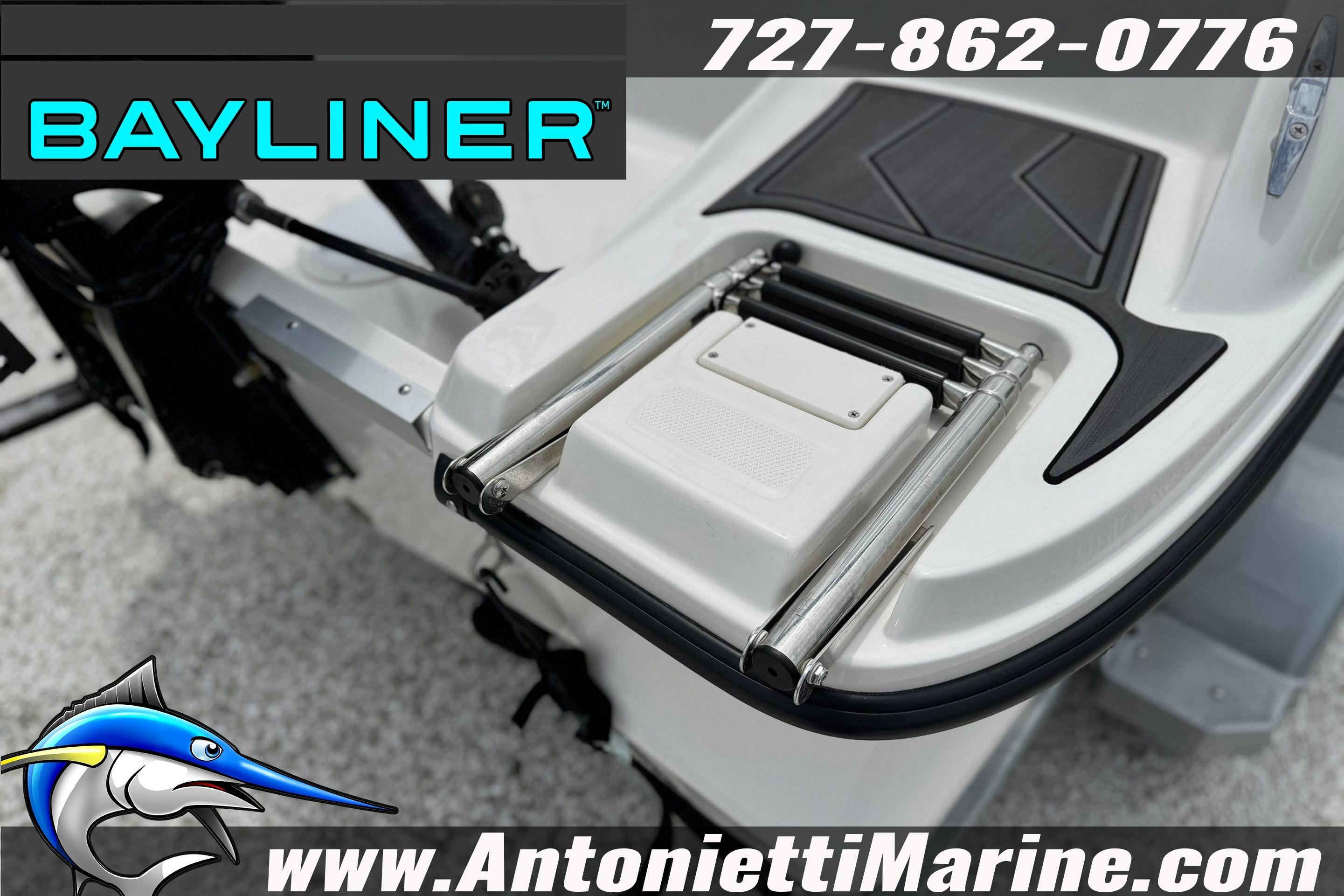 2024 Bayliner Element M15 boat with swim platform and ladder, Antonietti Marine branding.