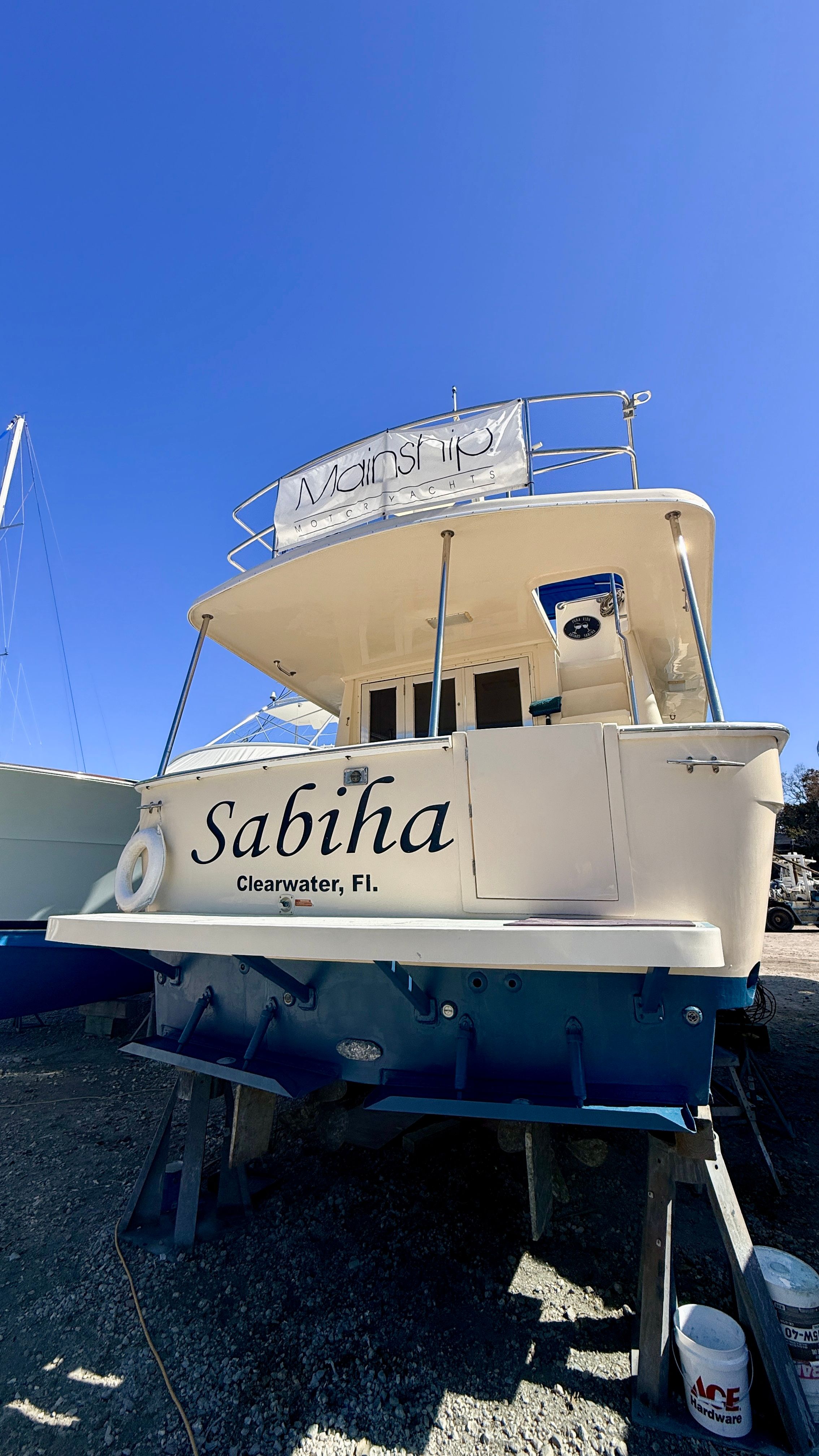 2004 Mainship 400 Trawler in Clearwater, Florida, on stands.