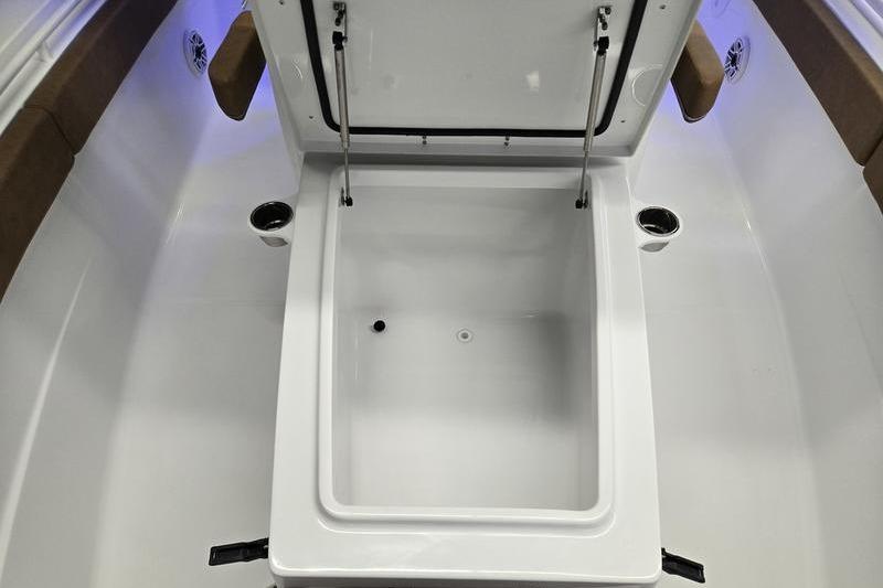 2026 Sea Hunt Ultra 275 Coffin Box interior with open storage compartment.