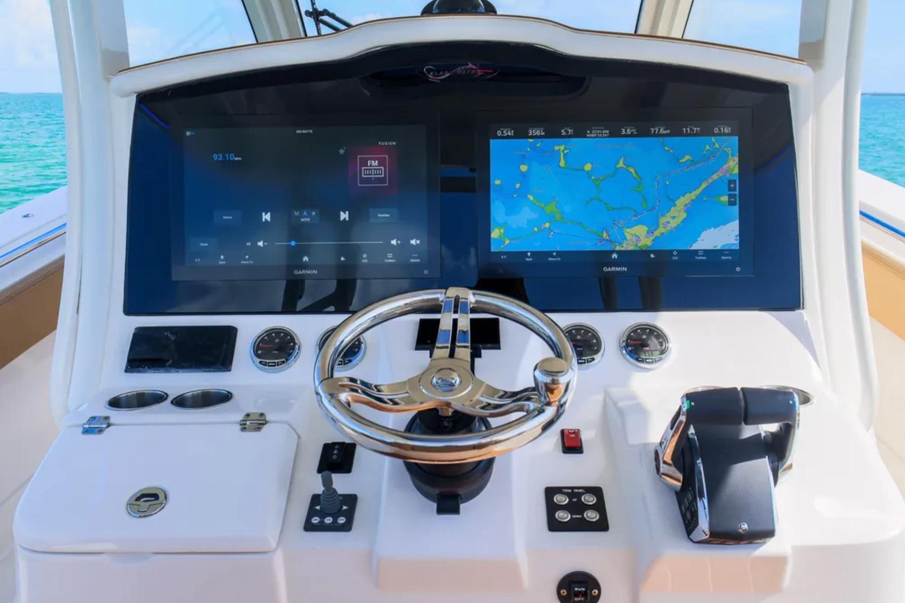 2025 Blackwater 41 Performance Fish boat dashboard with navigation and control systems.