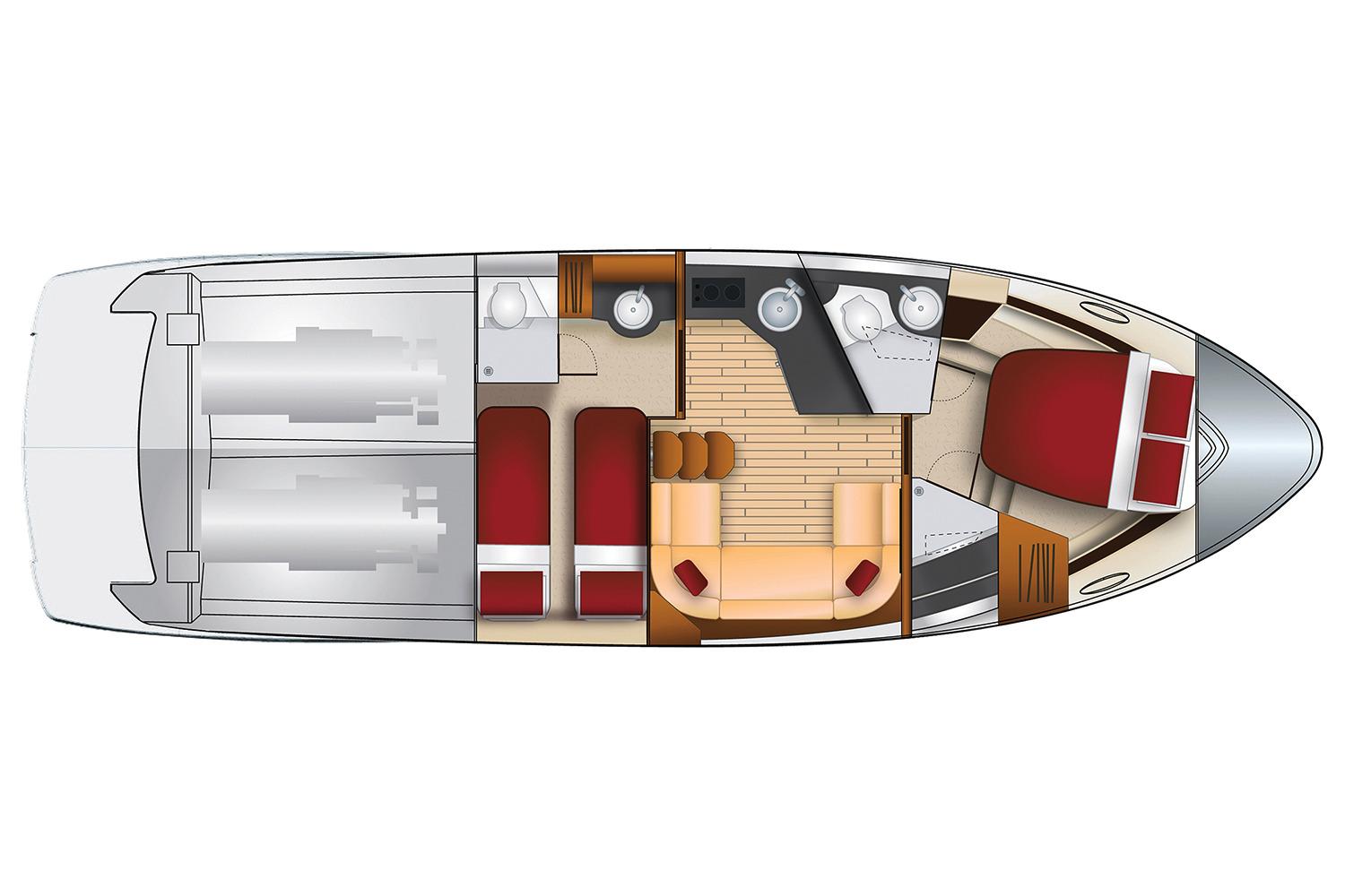 Manufacturer Provided Image: 2018 Regal 42 Sport Coupe floor plan with two cabins, kitchen, and lounge area.
