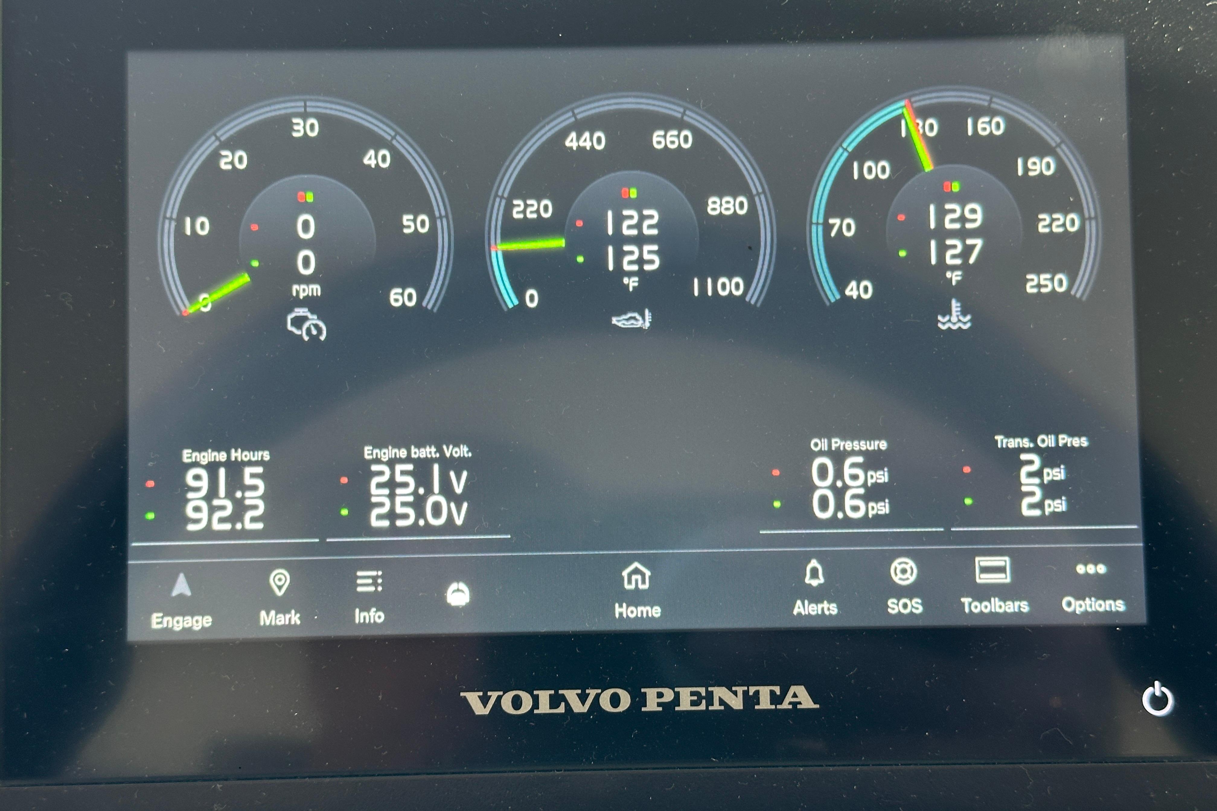 Volvo Penta engine display on 2024 Fairline Squadron 50, showing RPM, temperature, and pressure gauges.