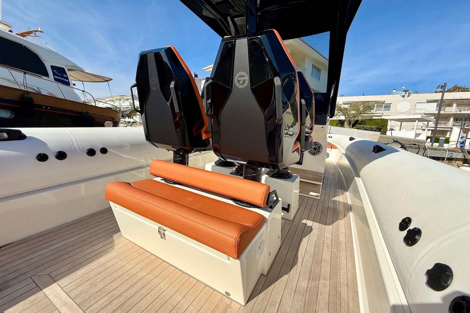 2025 Technohull 38 Grand Sport boat interior with sleek seating and modern design.