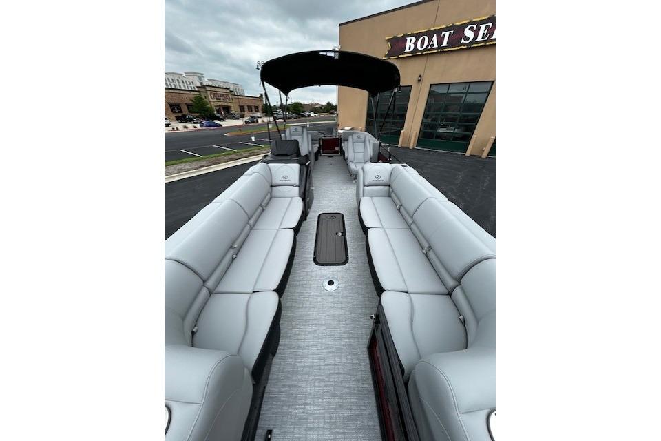 2026 Regency 250 DL pontoon boat with spacious seating and sleek design.