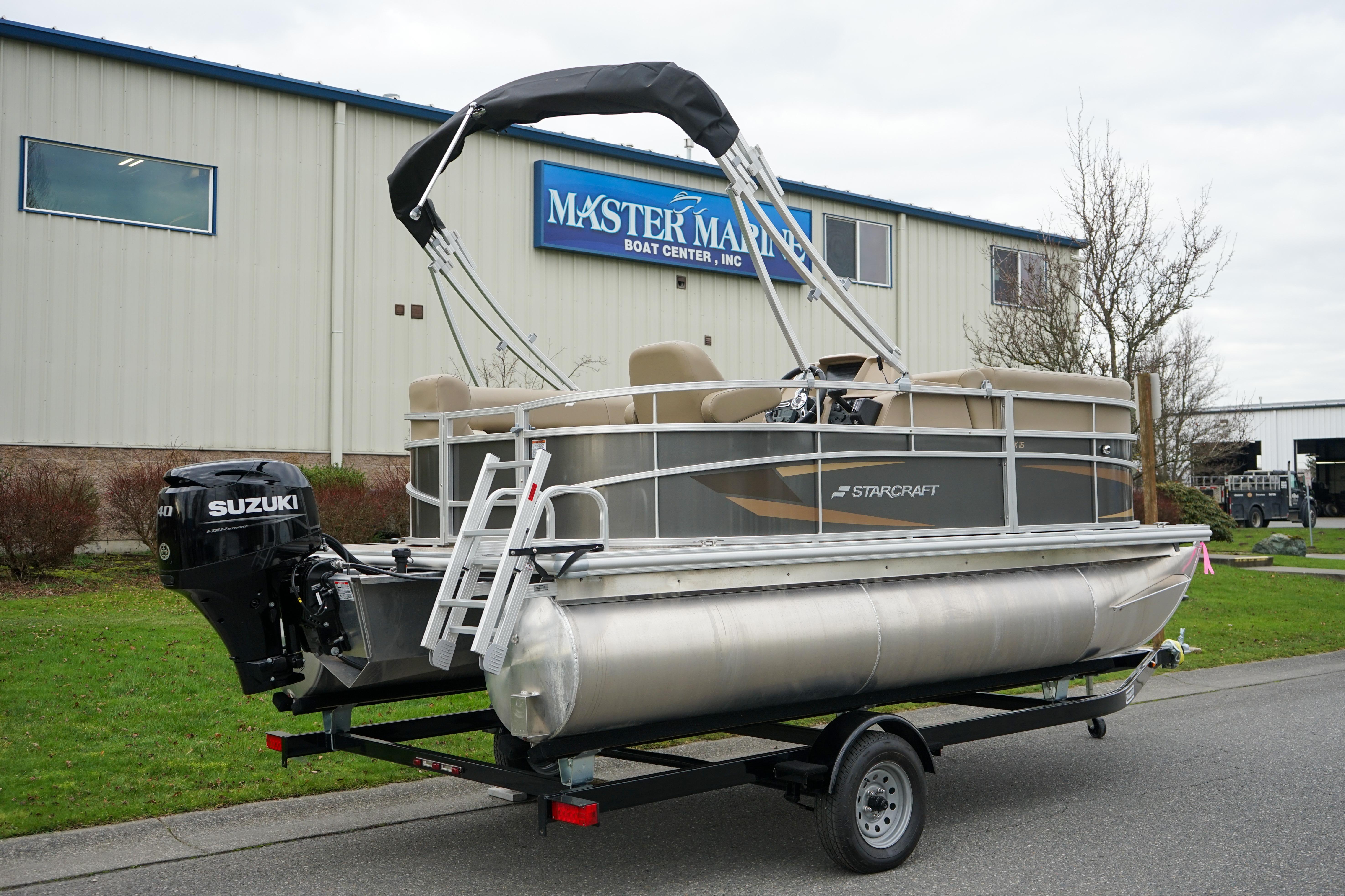 2025 Starcraft LX16R pontoon boat on trailer at Master Marine Boat Center.