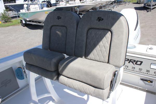 2023 Sea Pro 239 Center Console boat seats with gray upholstery and SP logo.