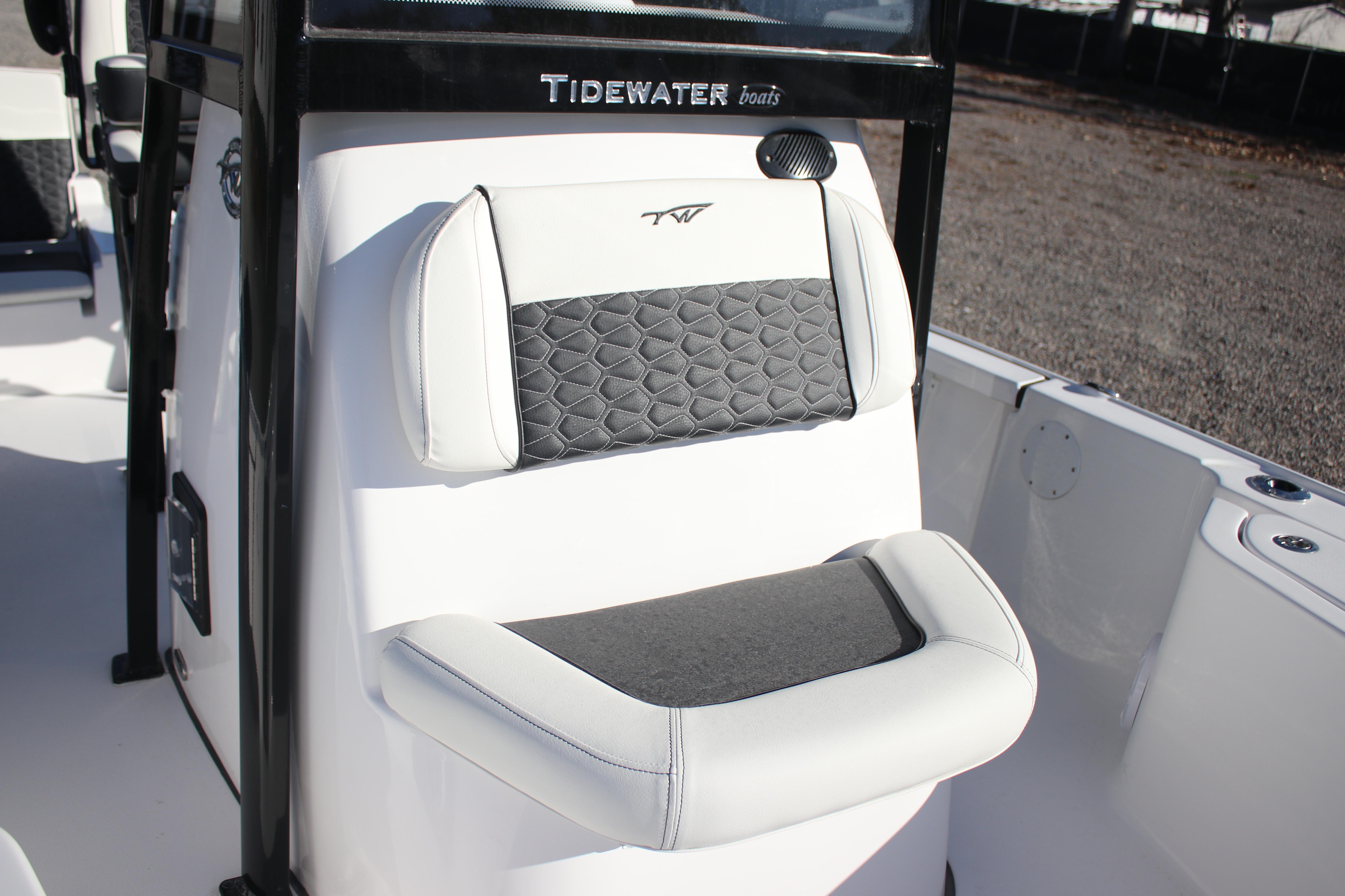 2026 Tidewater 2210 Carolina Bay boat seat with stylish black and white upholstery.