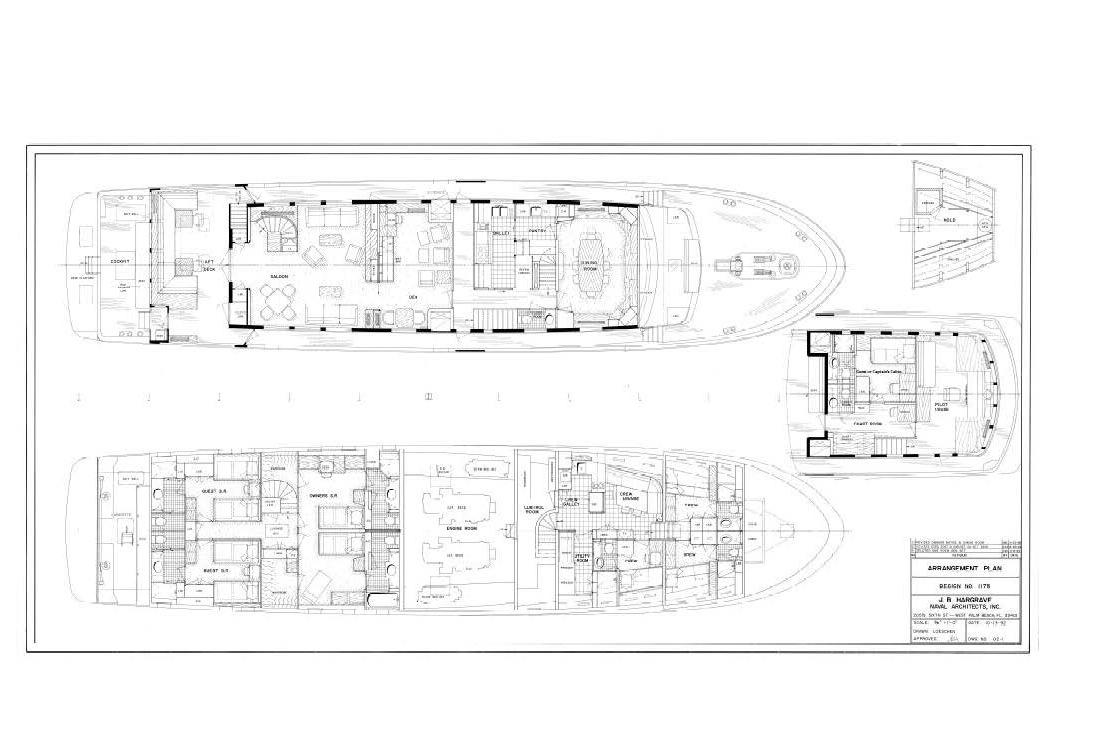 Blueprint of 1997 Trident Tri-Deck Exploration Cockpit Motor Yacht, detailed layout and design.