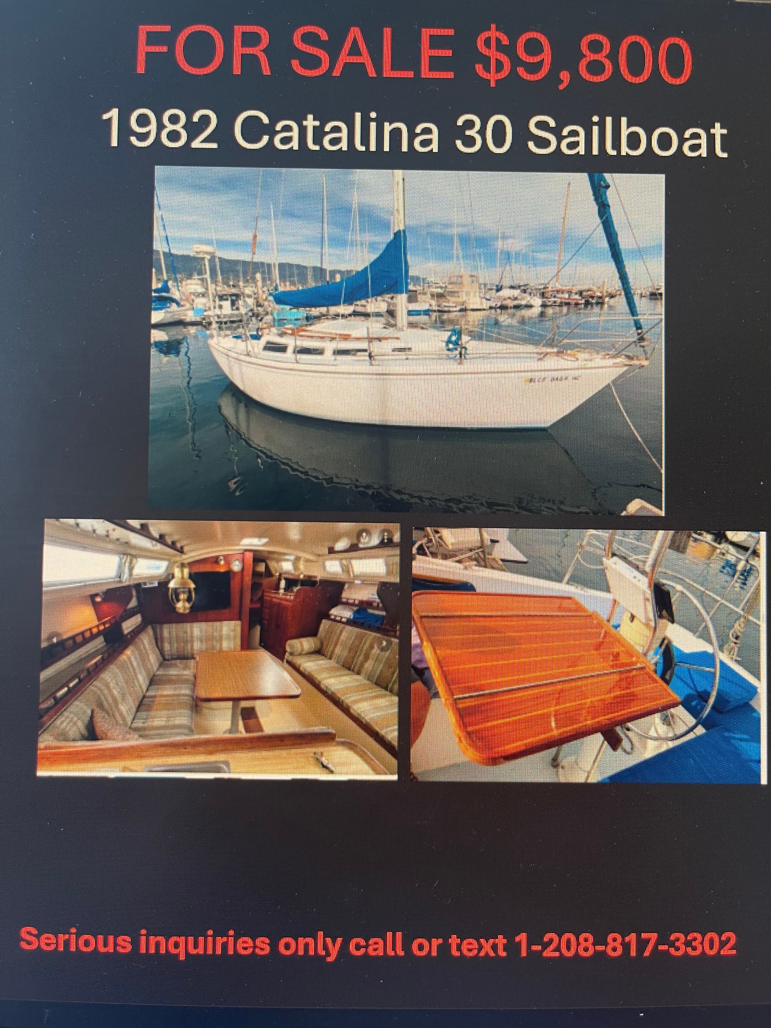 1982 Catalina 30 sailboat for sale for $9,800. Interior views show cozy seating areas. Contact by phone.