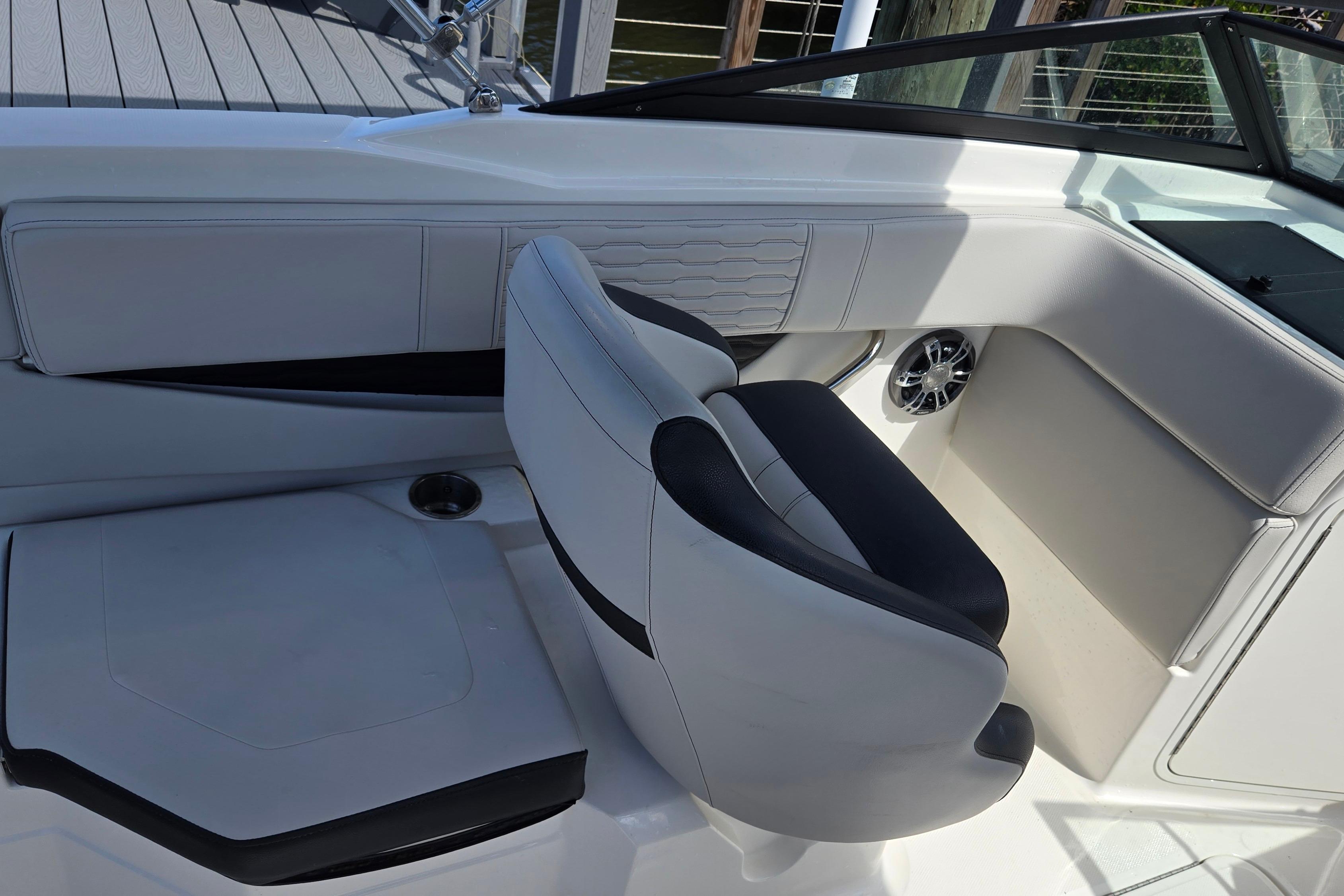 2023 Sea Ray SPX 210 boat interior with sleek seating and modern design.