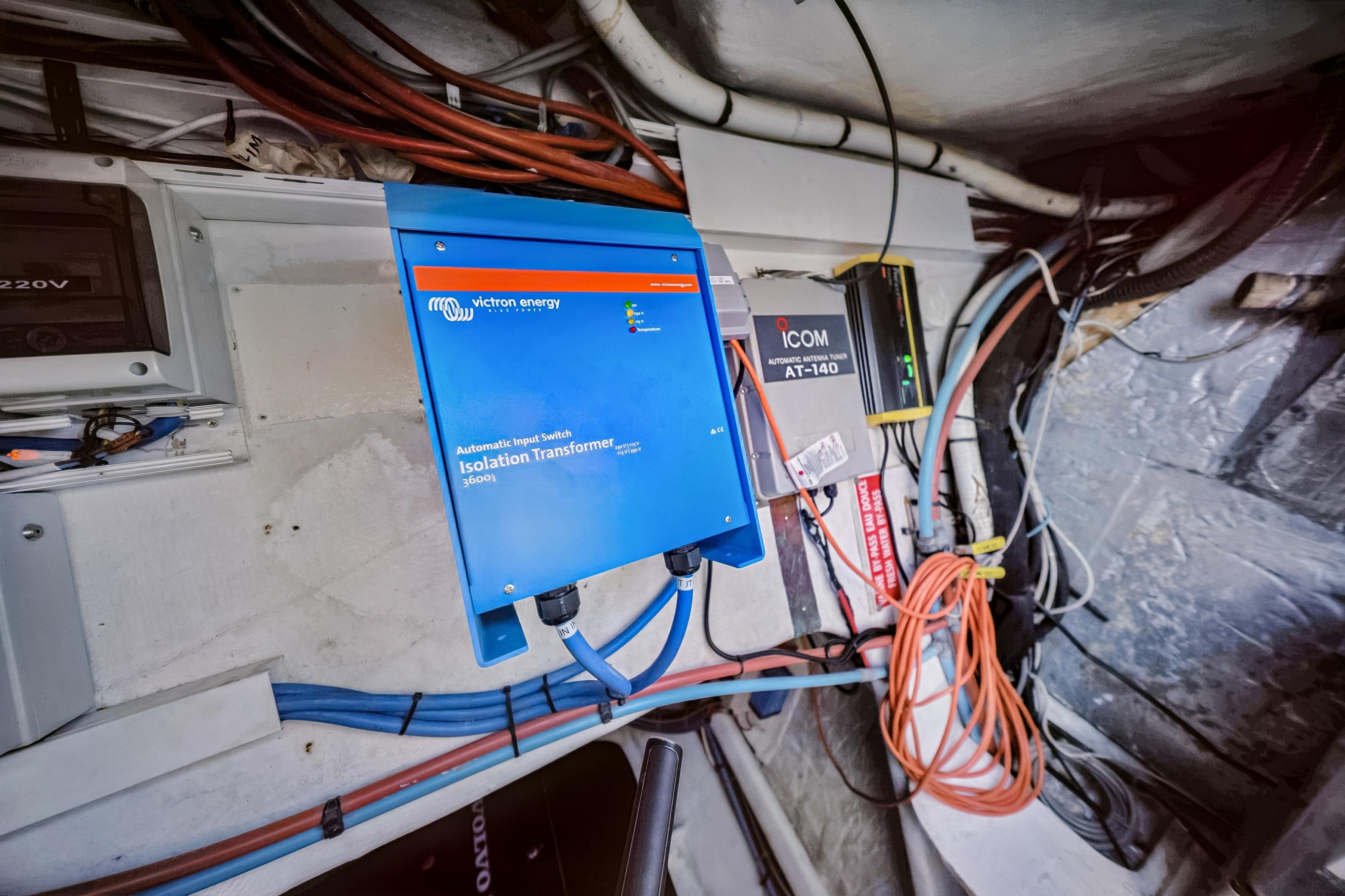 Electrical equipment setup on a 2009 Catana 65 yacht, featuring Victron Energy isolation transformer.