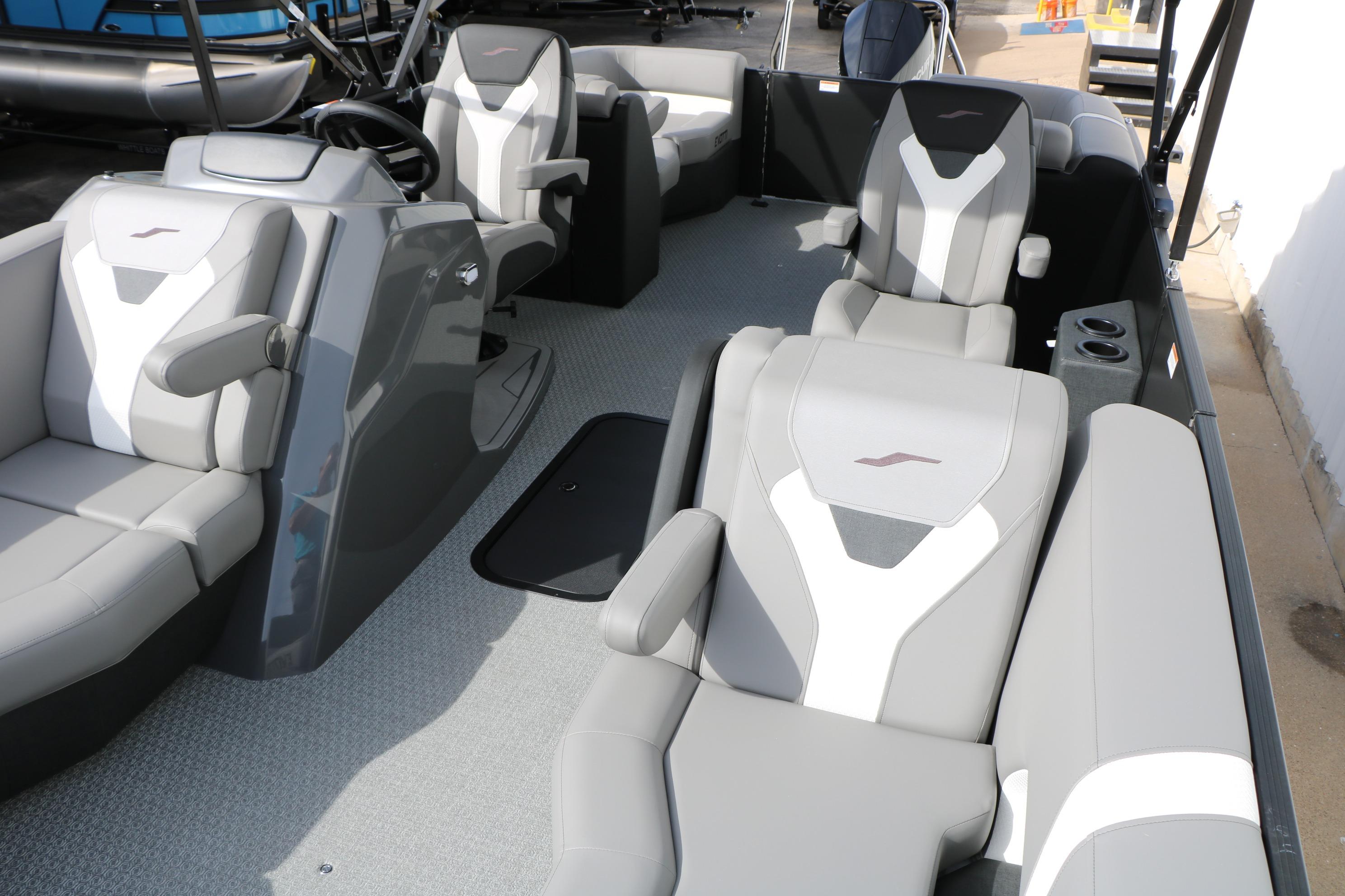 2026 Evotti 521QL boat interior with modern gray and white seating design.