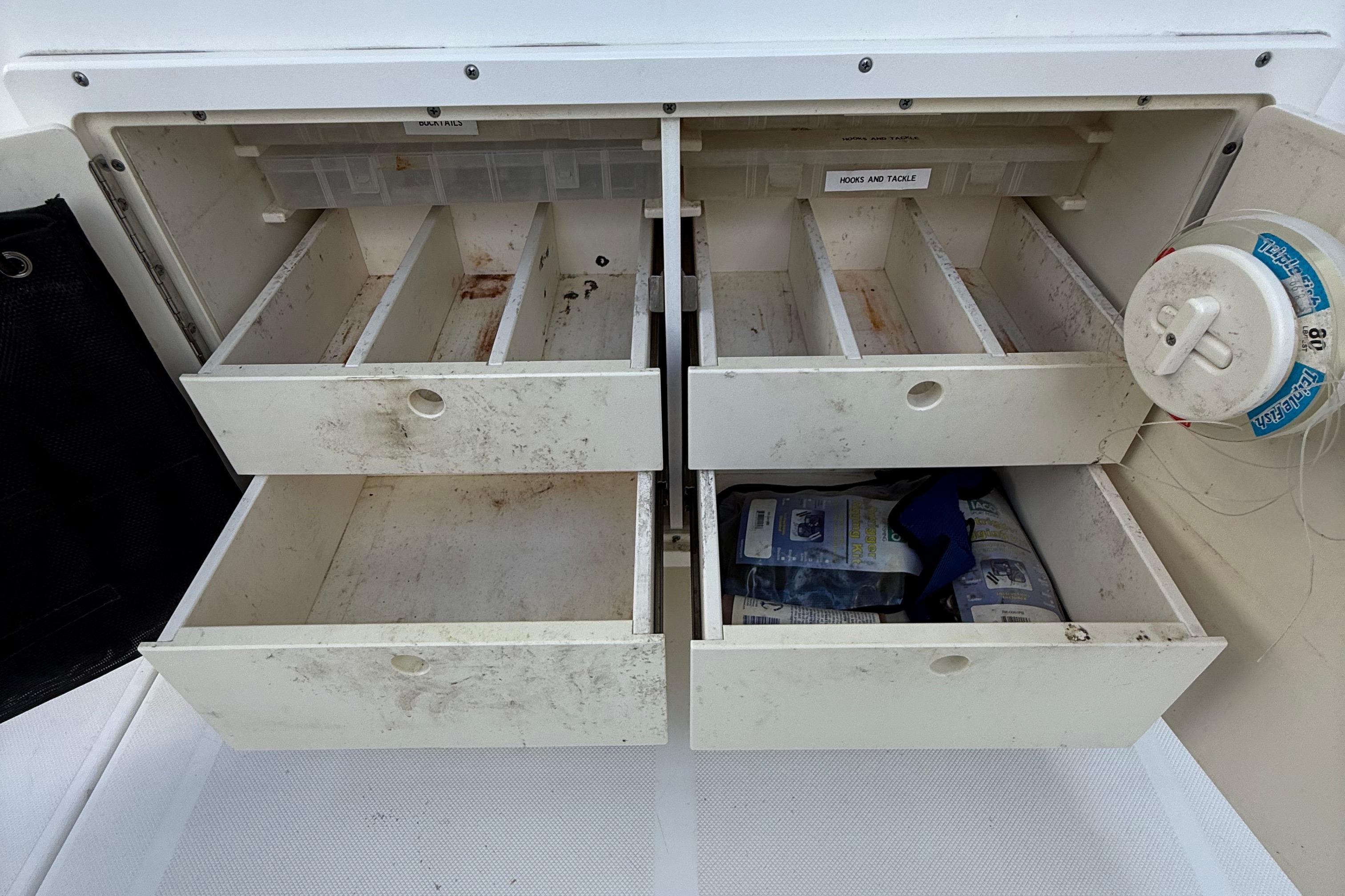 Tackle storage drawers on a 2008 Century 2901 Center Console boat.