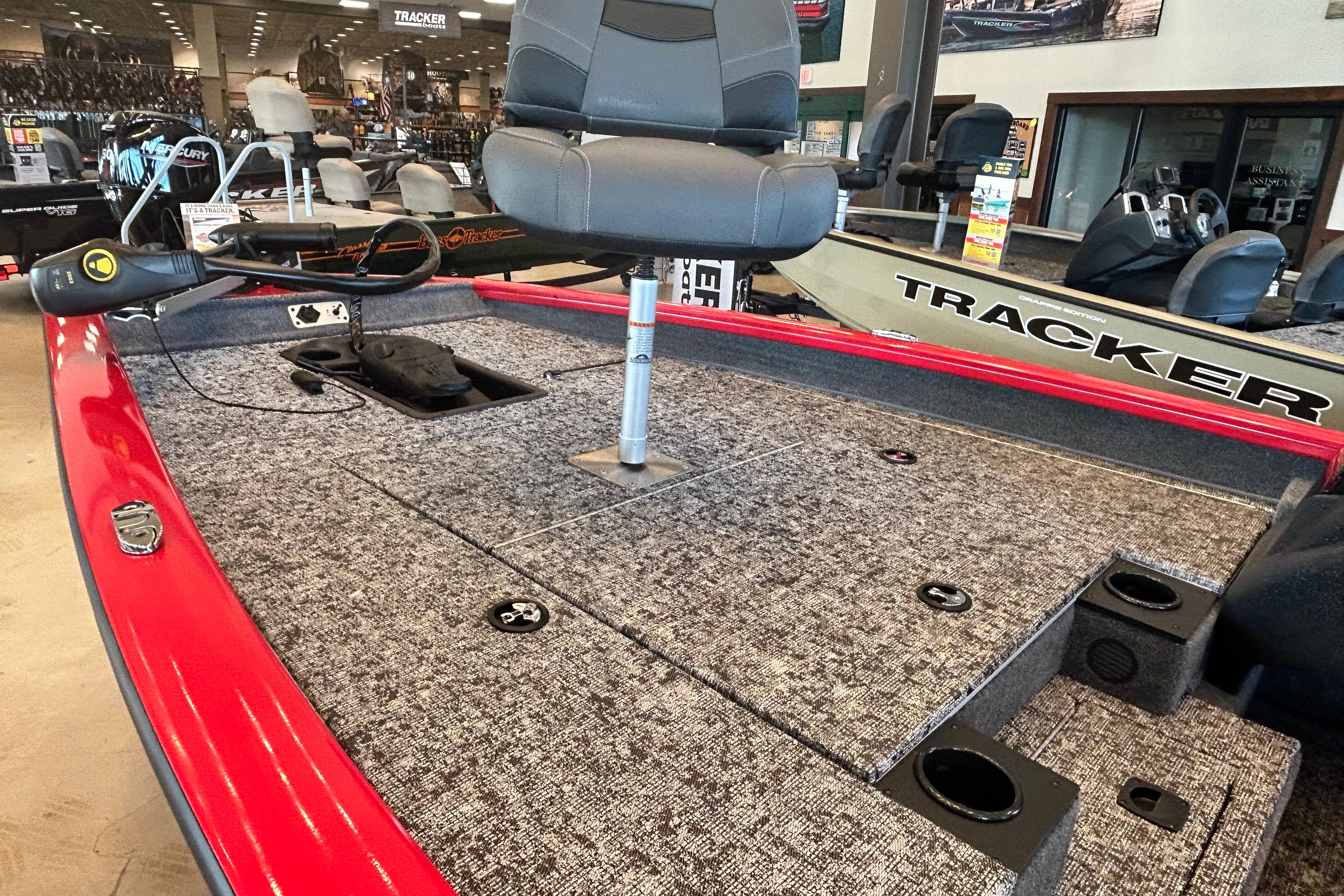 2026 Tracker Pro Team 175 boat interior with seating and fishing equipment.